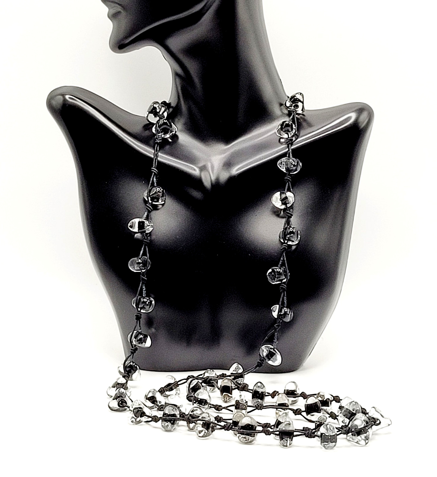 Art Glass Clear Ice Pebble Bead Hand Knot Black Thread Single Strand Necklace