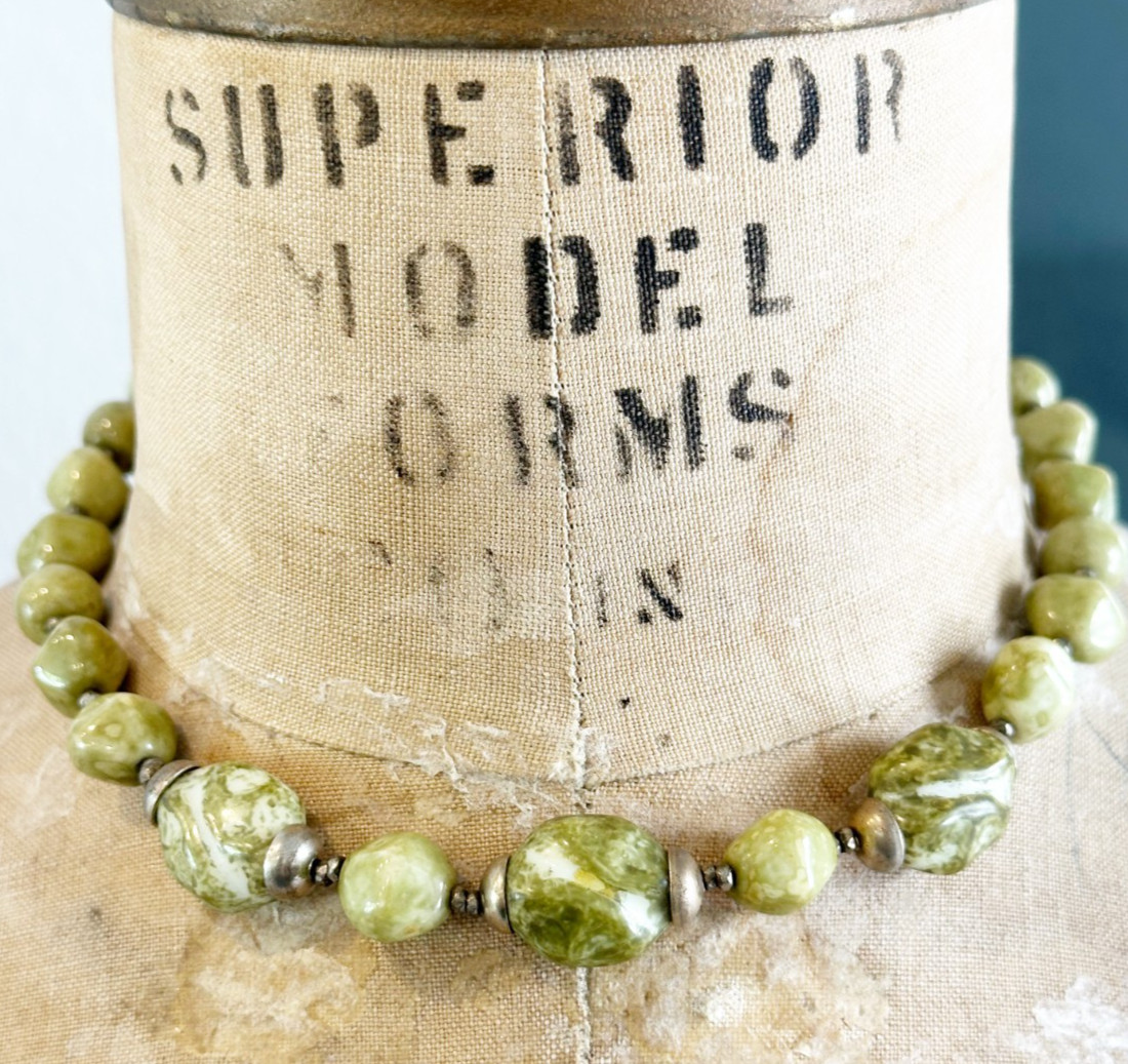 Vintage Signed Miriam Haskell Marbled Green Glass Nugget Bead Statement Necklace