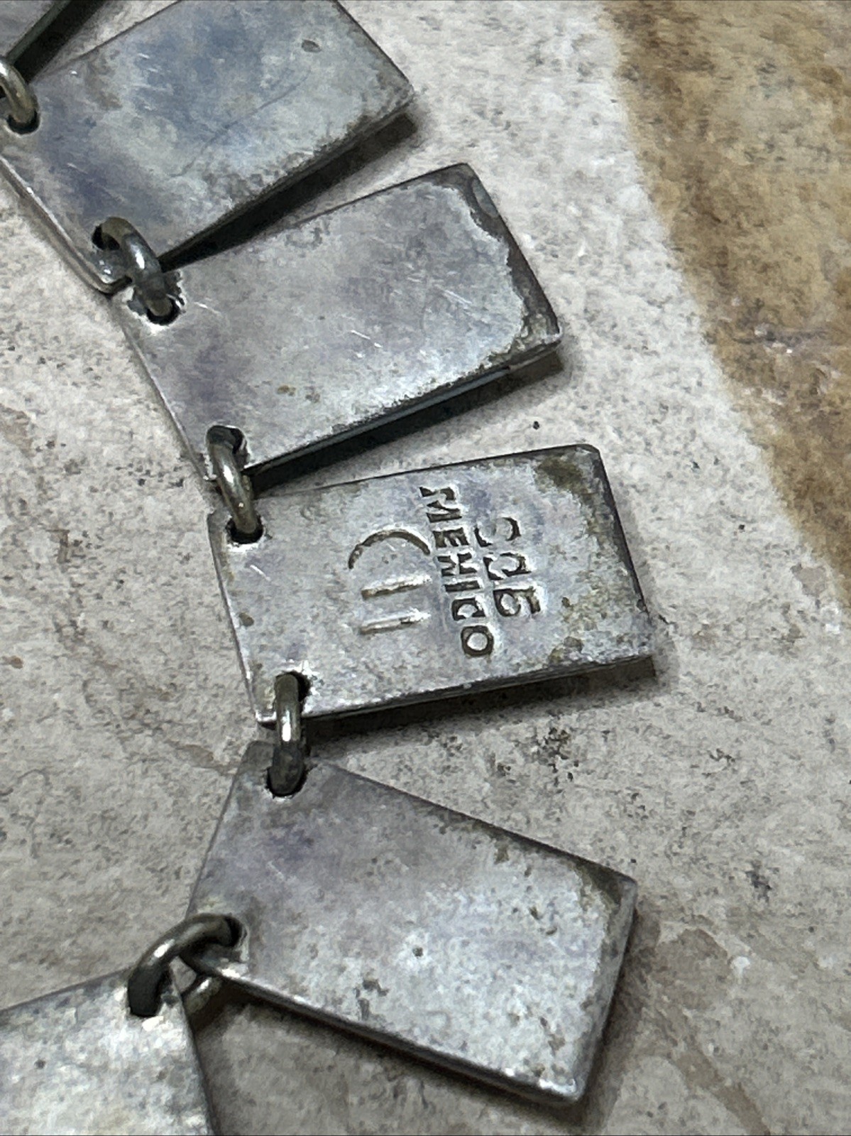 53. Vintage 925 Sterling Inlaid Multi Stone Link Collar Necklace 16″, 57.7g, Mex