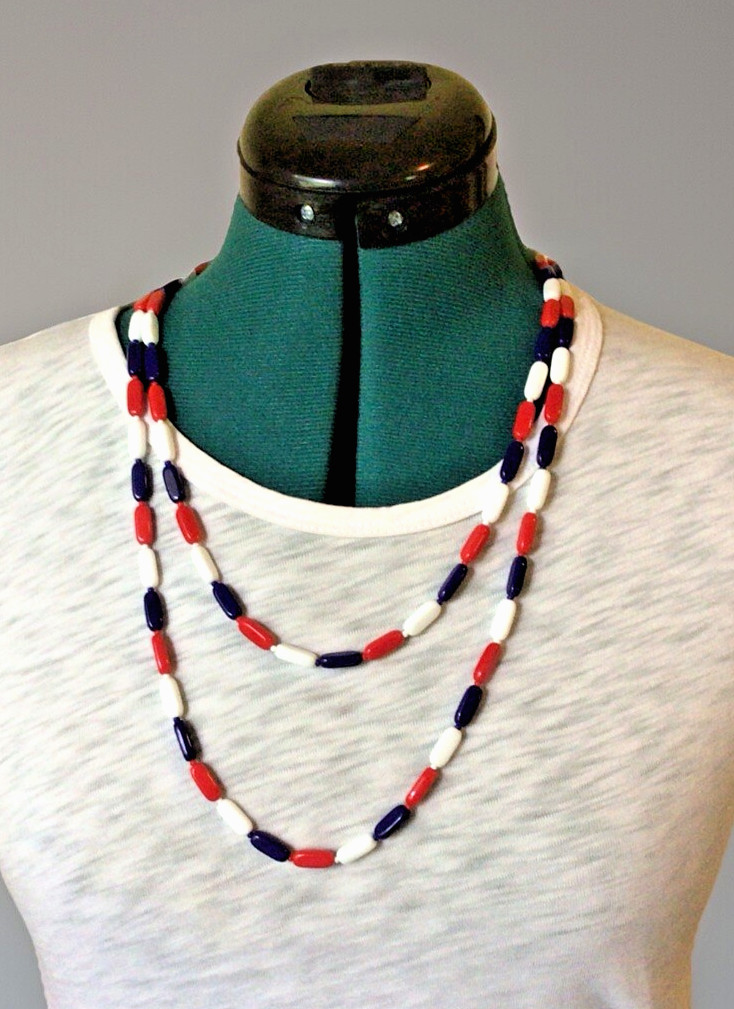 55in VTG America Red White & Blue Glass Bead Single Double Strand Necklace