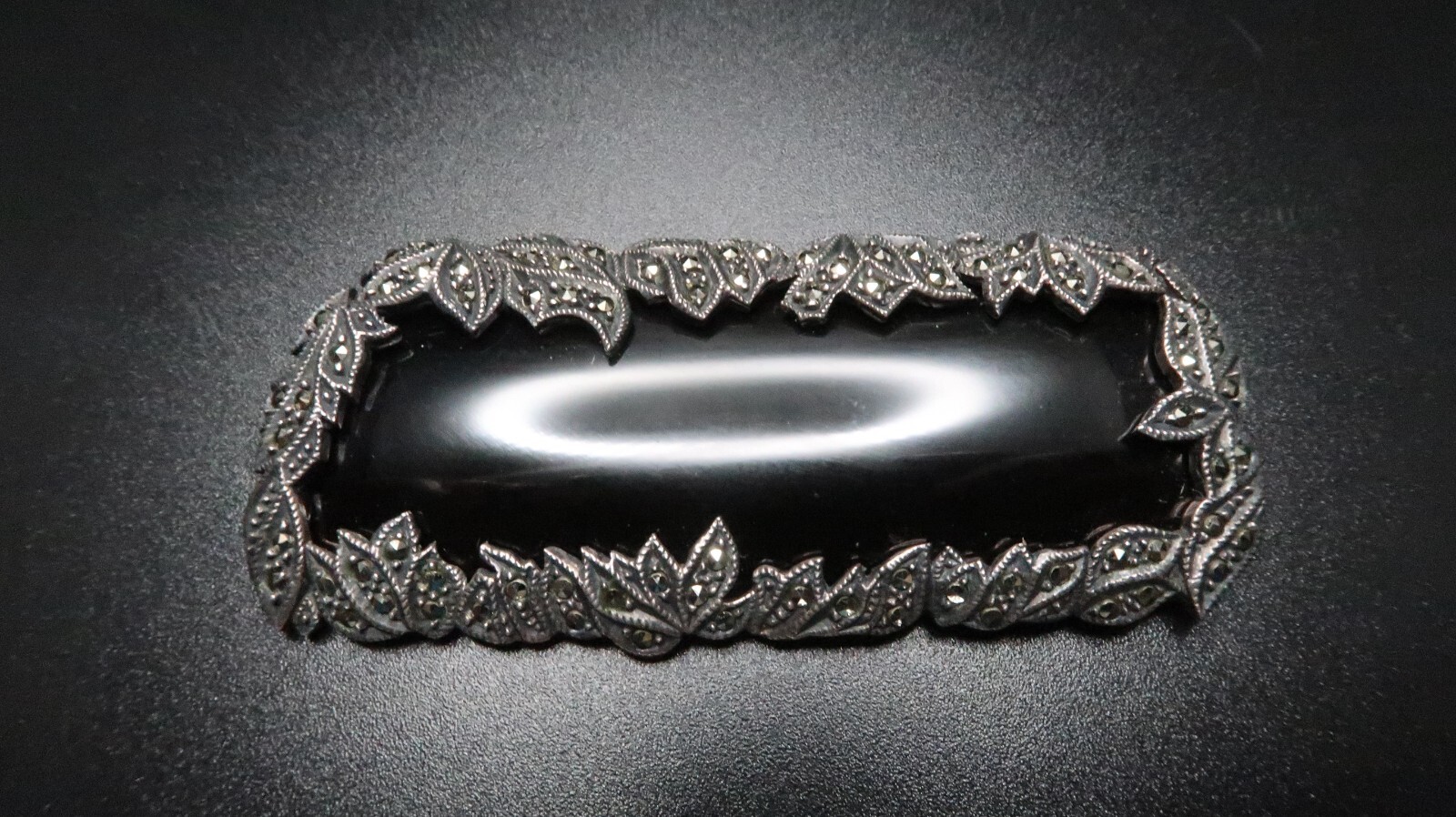 Huge Vintage Sterling Silver Onyx Marcasite Laurel Leaf Brooch 7.5cm BB1