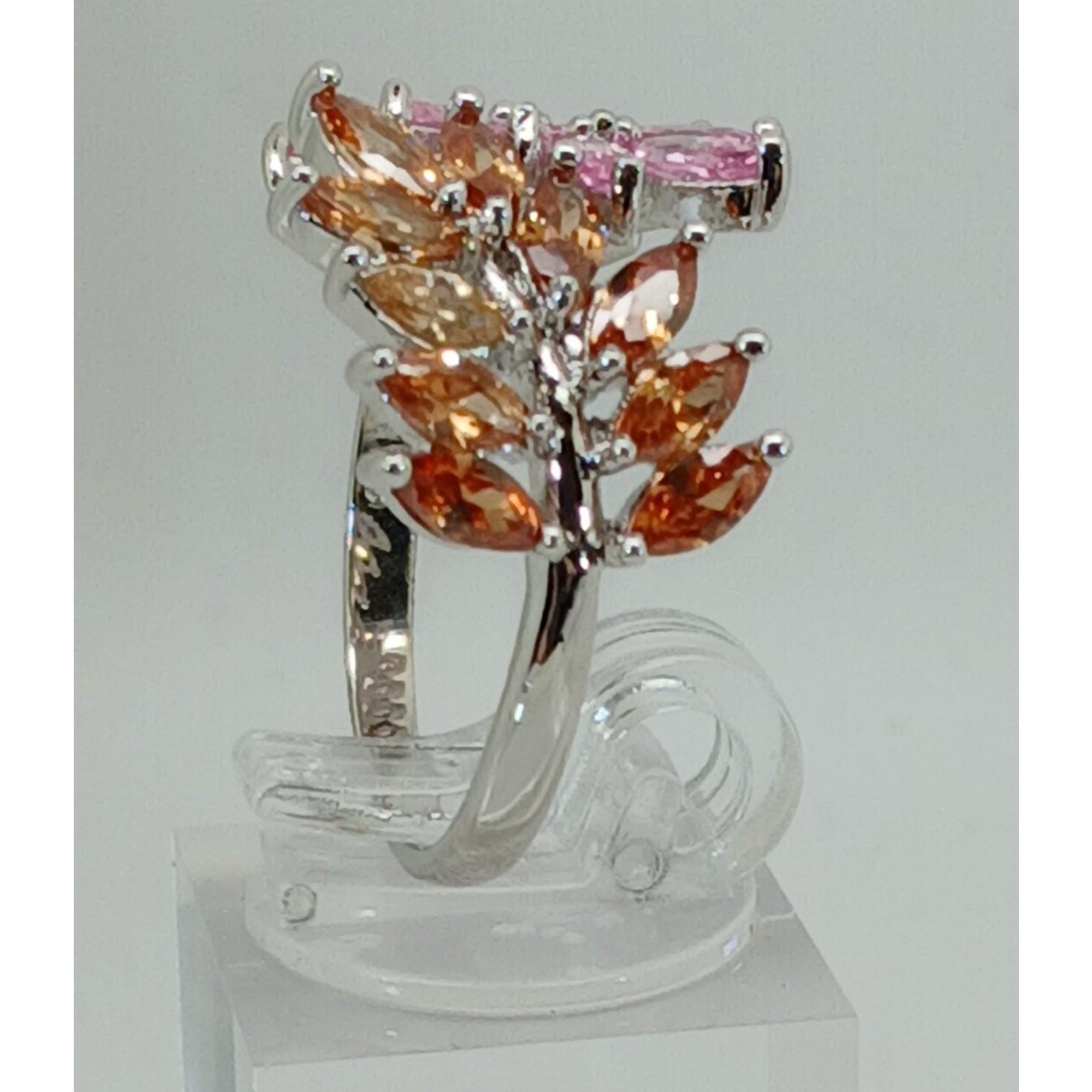 Vintage Ring Size 9.5 Silver Tone White Gold GP Pink Champagne Amber CZ Spray