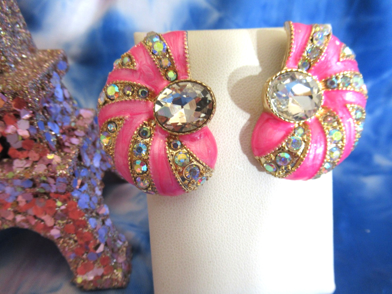 Nautilus Shell Pierced Earrings Pink Seashell Glass AB Crystal Stud Earrings NW