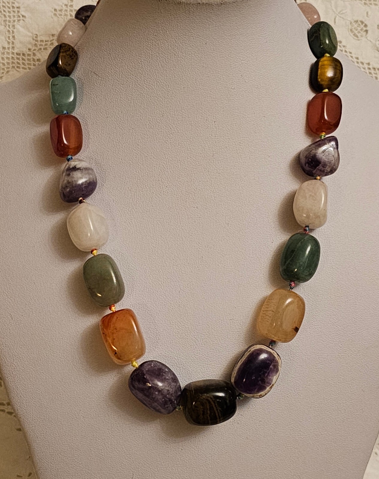 Vintage Natural Carnelian Agate Jade Aventurine Tiger’s Eye Bead Necklace