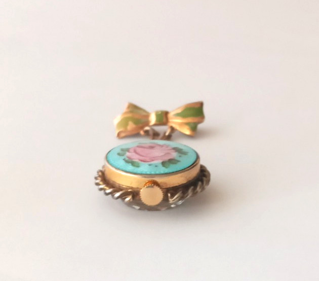 Vtg. CROTON Deco Enamel Guilloche Bow Pin Brooch Manual Swiss Watch
