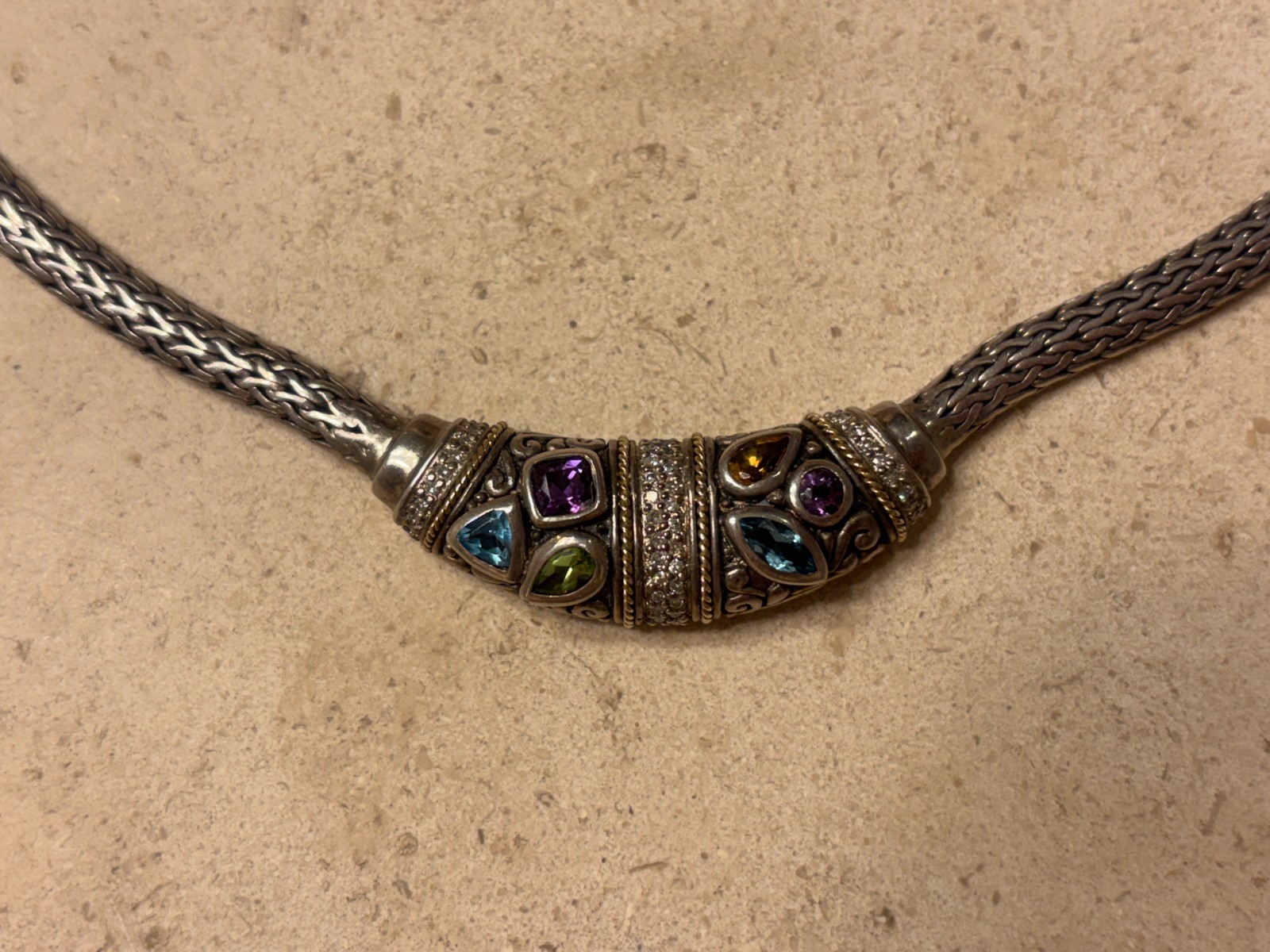 Effy BH Sterling Silver 18K Gold Multi Gemstone Necklace 925 Vintage 44g