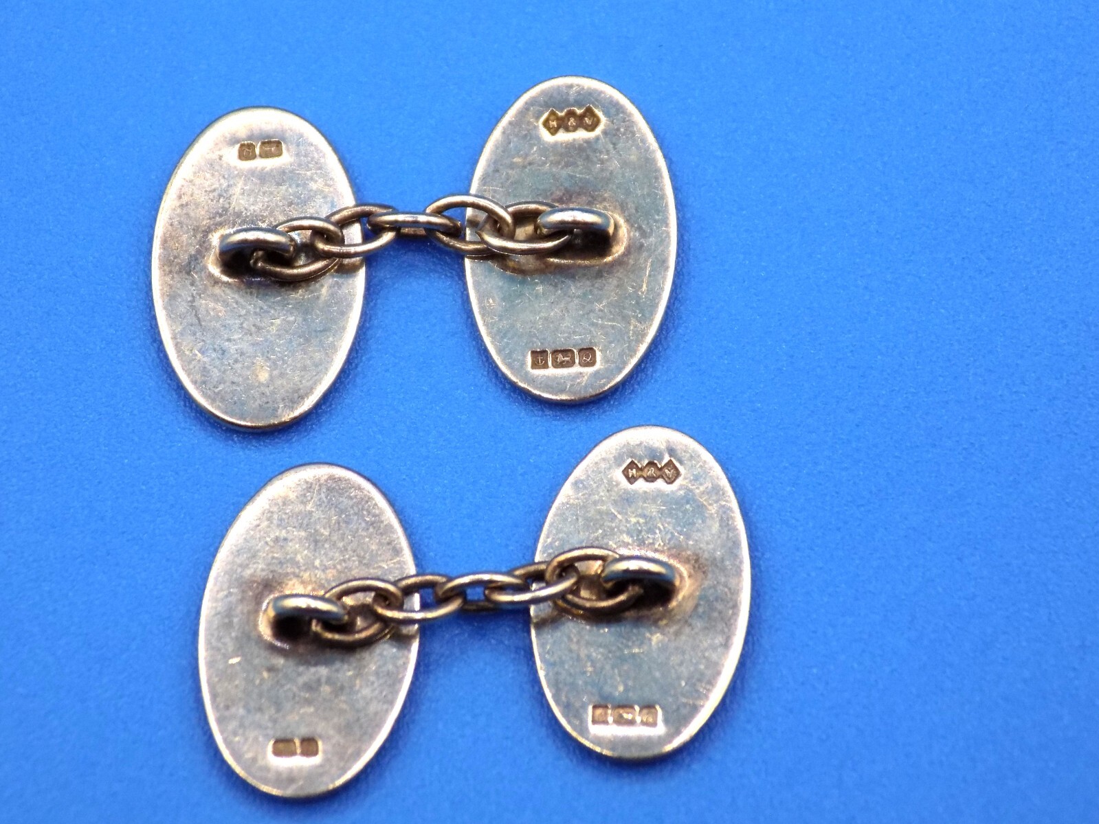 VINTAGE STERLING SILVER ENAMEL GUILLOCHE ENGLAND H & V HEWETT & VOLLER CUFFLINKS