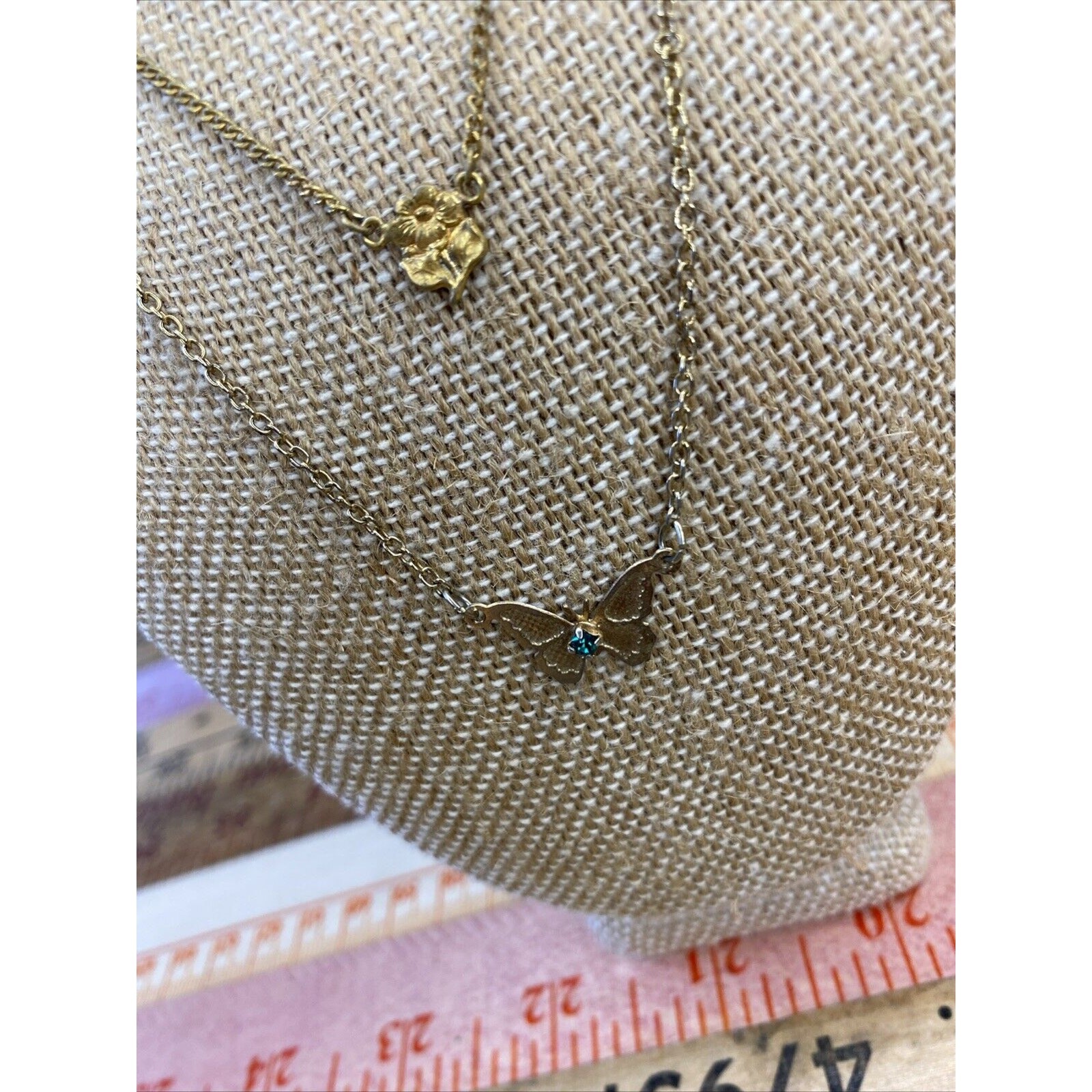 Vintage 70s S Girls Goldtone Butterfly Green Rhinestone May Birth Necklaces 2