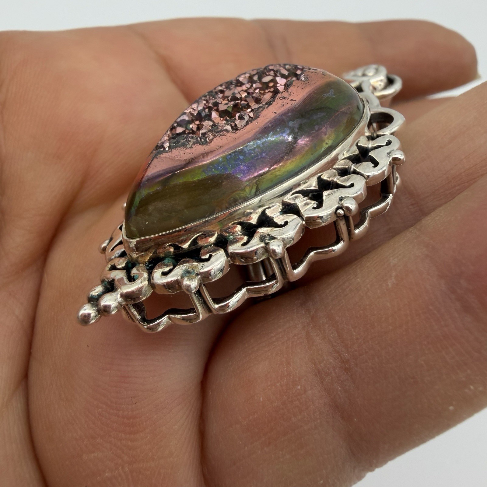 Vtg 925 Sterling Silver Pink Druzy Quartz Pendant 15.9 Signed GS QVC HSN Estate