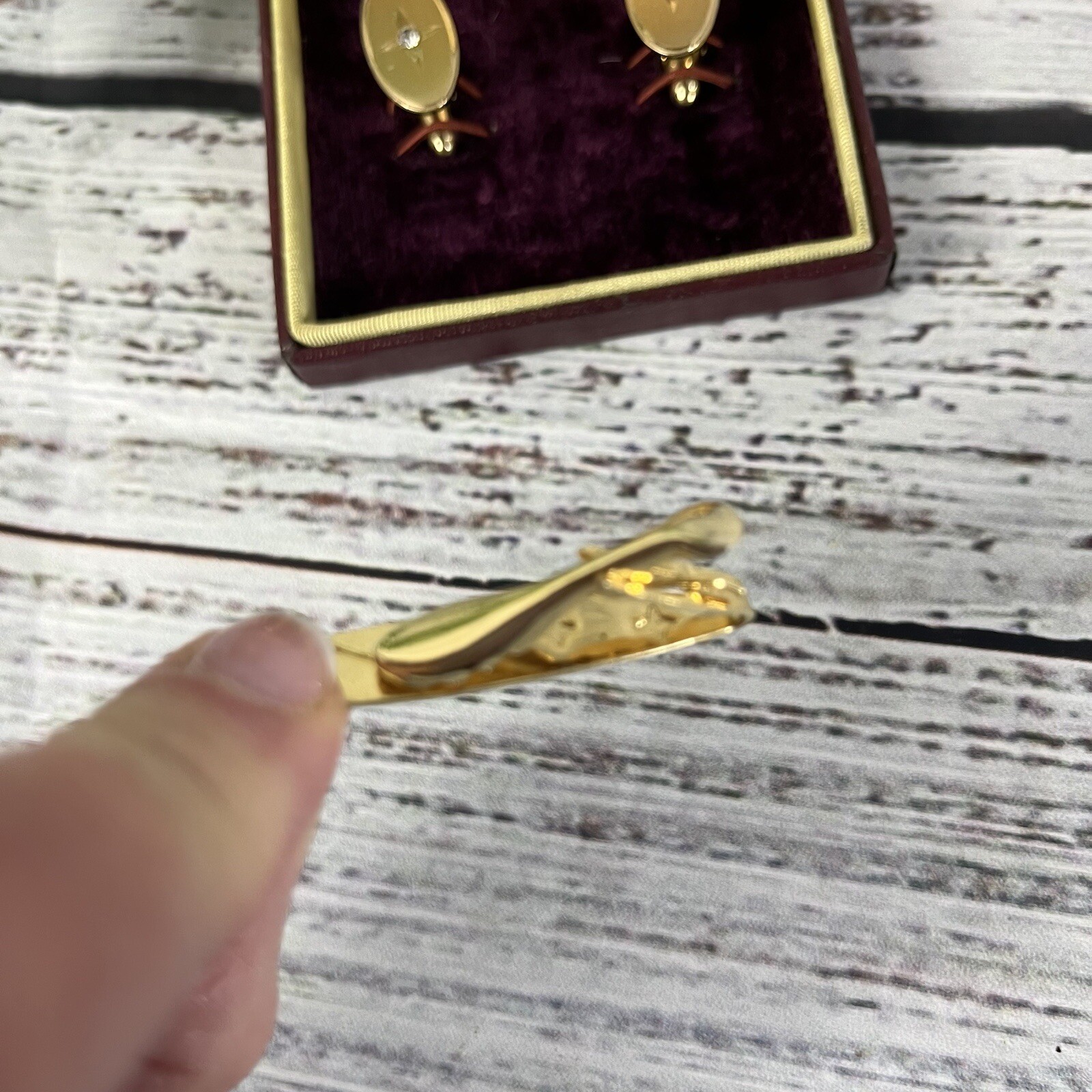 Swank Vintage Brushed Gold Faux Diamonds Mens Cufflinks & Tie Clip w/ Box