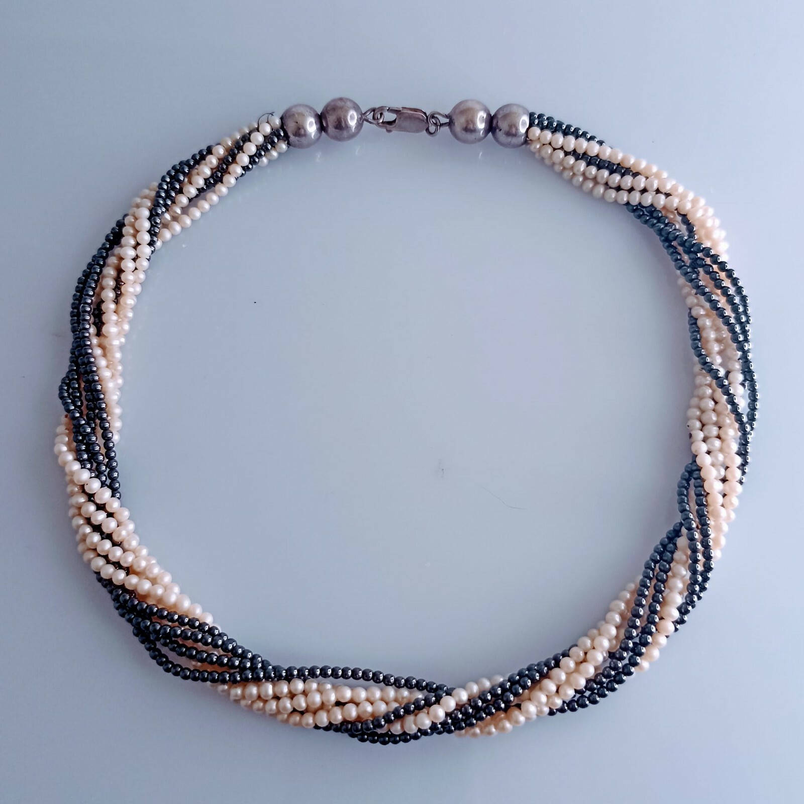 Vintage Pearl and Gray Hematite 8 Stranded Necklace with Sterling Silver Clasp