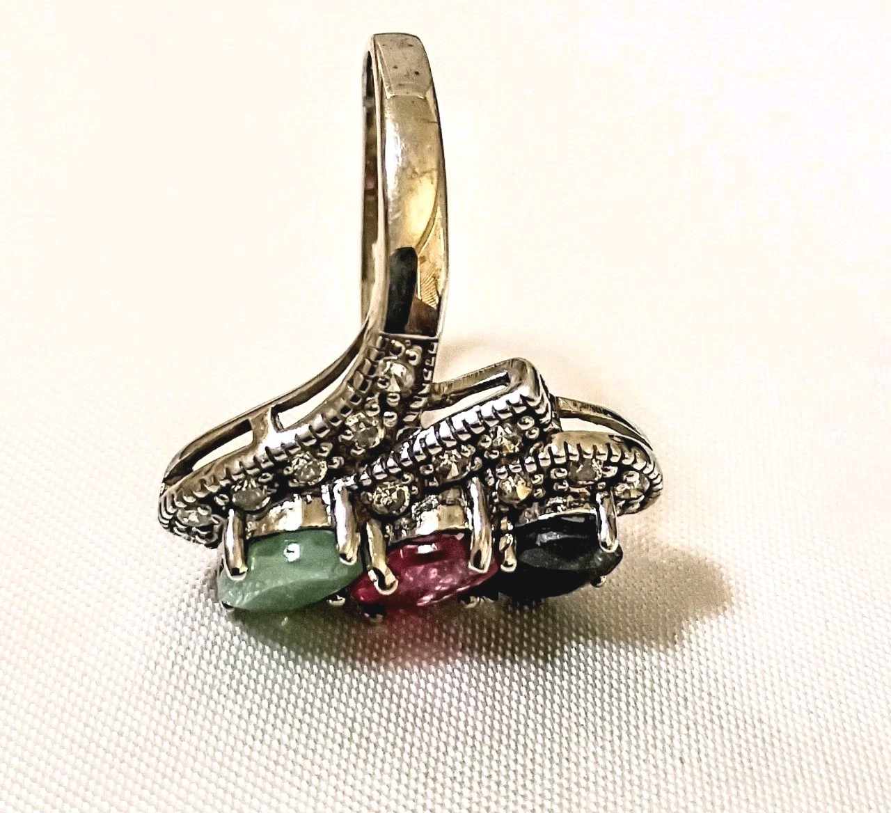 Vintage Natural Emerald Ruby Sapphire CZ Estate Statement Swirl Ring 8.5