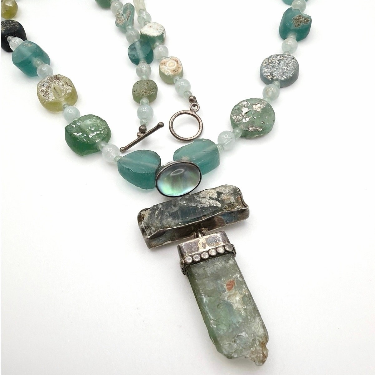 Amy Kahn Russell 925 Sterling Silver and Ancient Roman Glass Necklace 23”