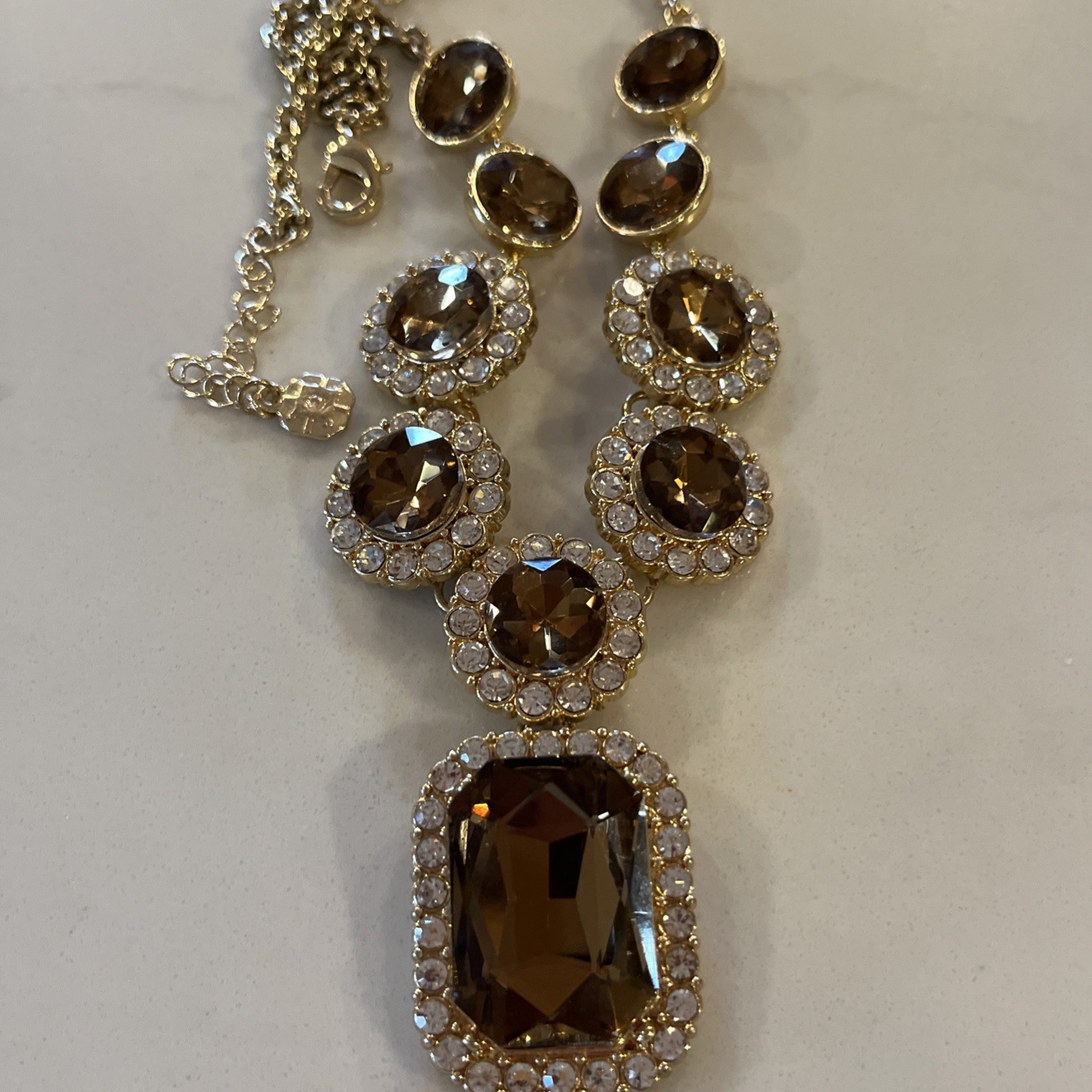 Vintage Monet Faceted Golden Topaz Crystal & Clear Rhinestone Statement Necklace
