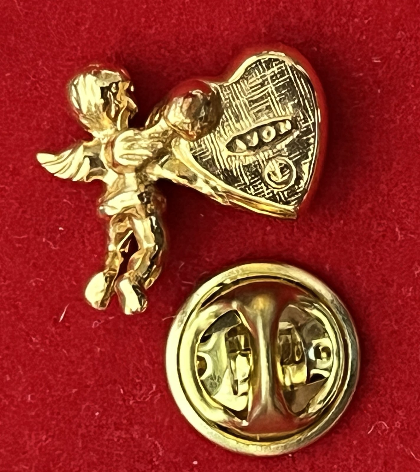 AVON Signed Huge Red Heart, Shiny Gold-tone Guardian Angel Brooch Pin.