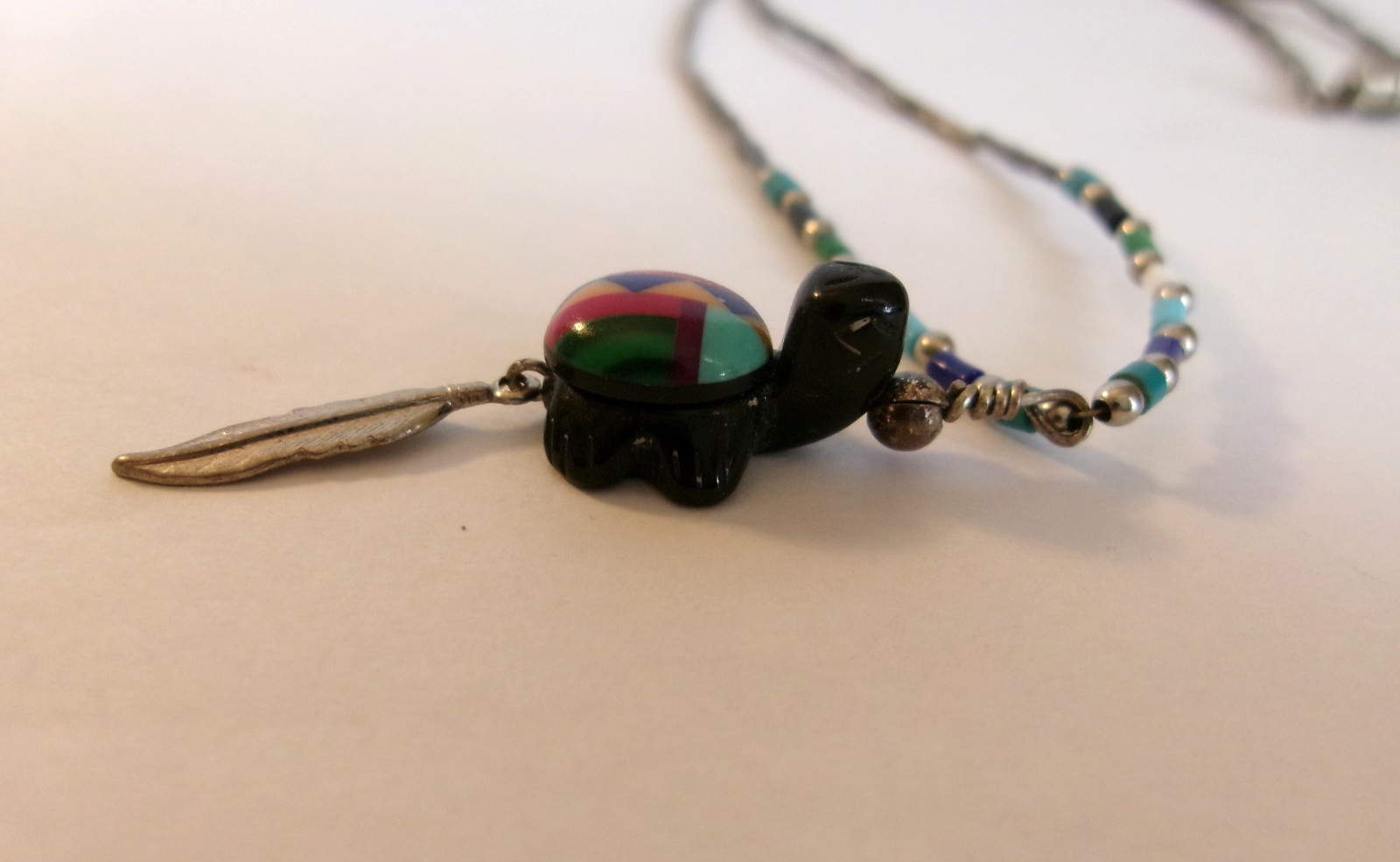 Inlay Turtle Pendant Necklace 18″ Liquid Silver & Bead Chain