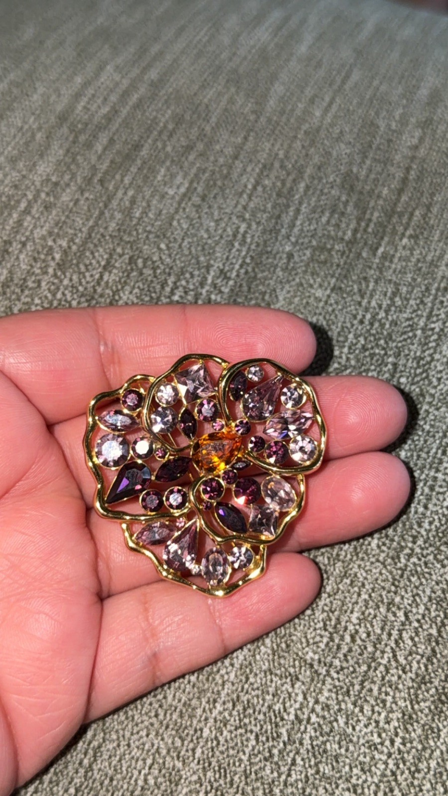 Vintage Nolan Miller Pansy Amethyst Purple Rhinestone Gold tone Brooch