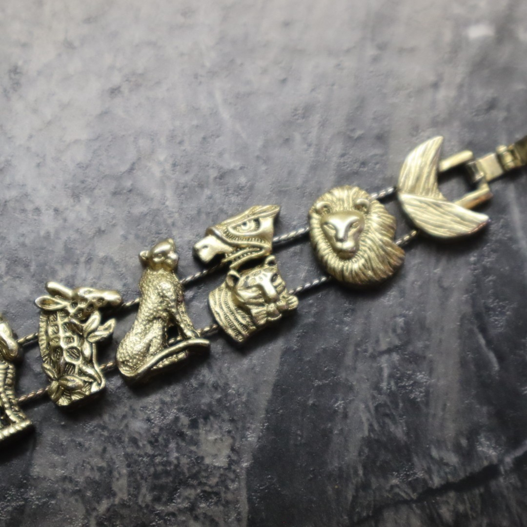Vintage Slide Safari Animals Charm Bracelet Gold Tone Metal