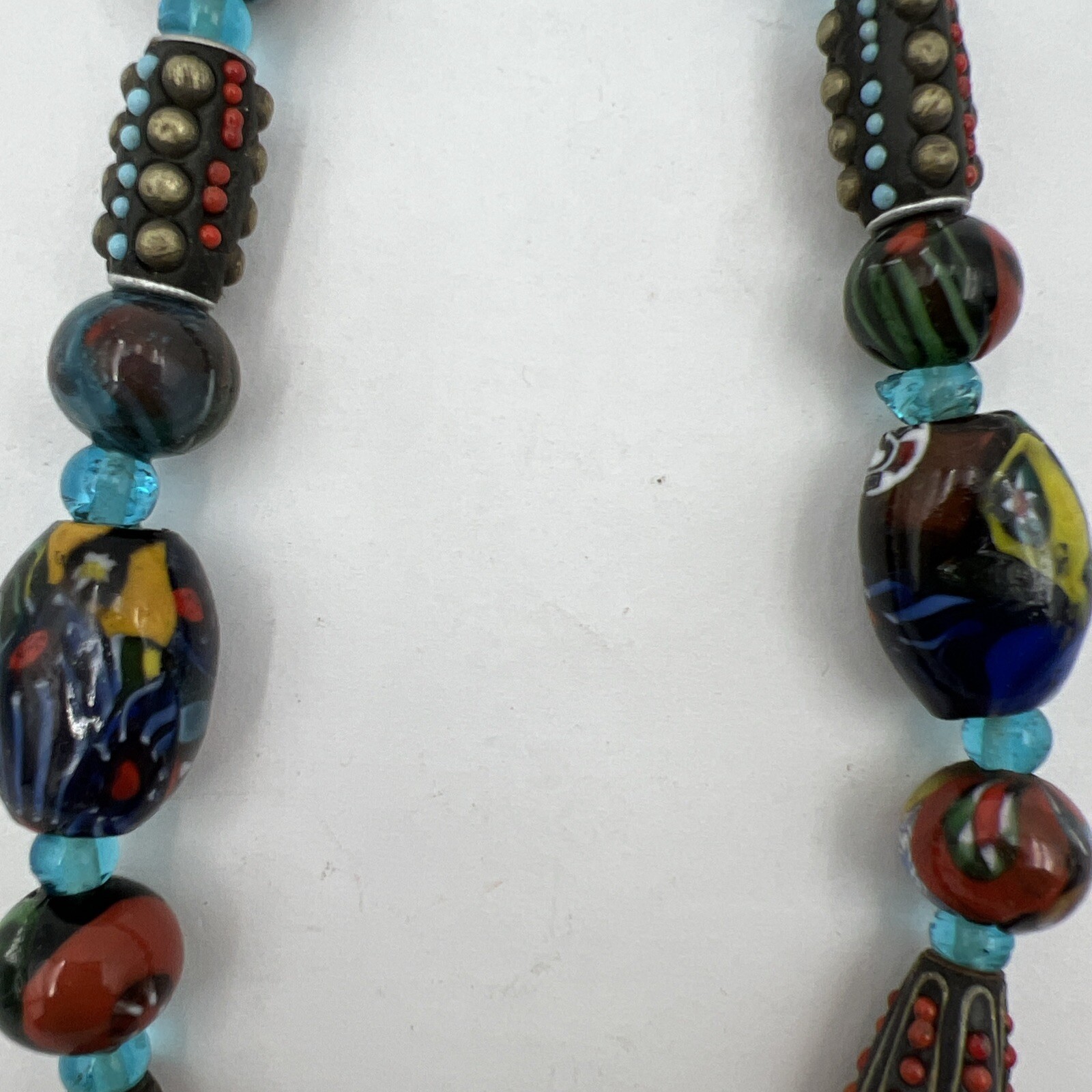 Vtg Murano Millefiori Venetian Oval Glass Different Shapes Bead Necklace