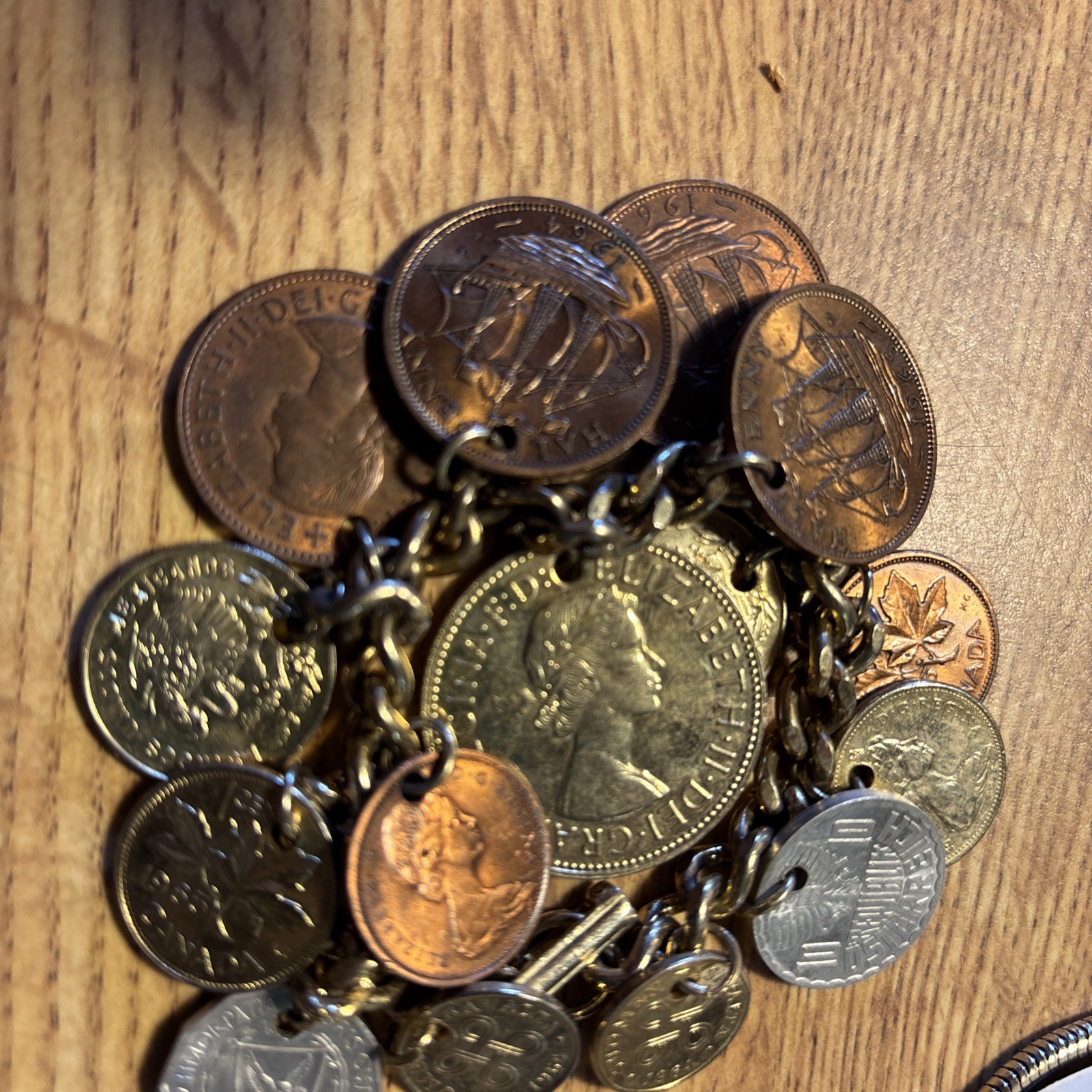 Vintage 15 xx World Coin Charm Bracelet – Mixed Foreign Coins on Gold Tone Chain