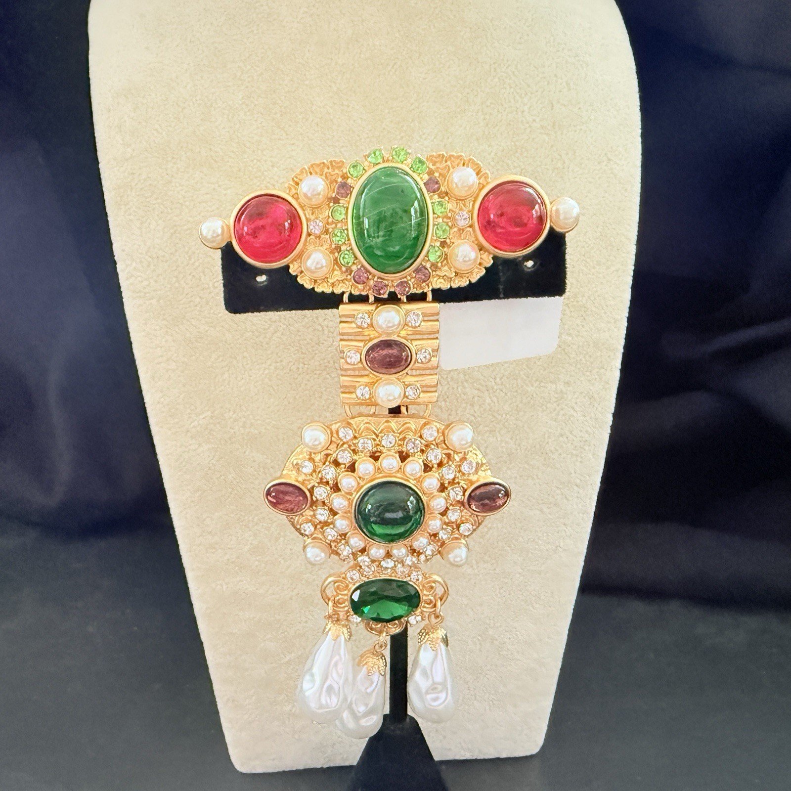 VTG. ESTATE Y2K HIGH END GREEN & RED GRIPOIX RUNWAY 18KT GOLD PLATED BROOCH