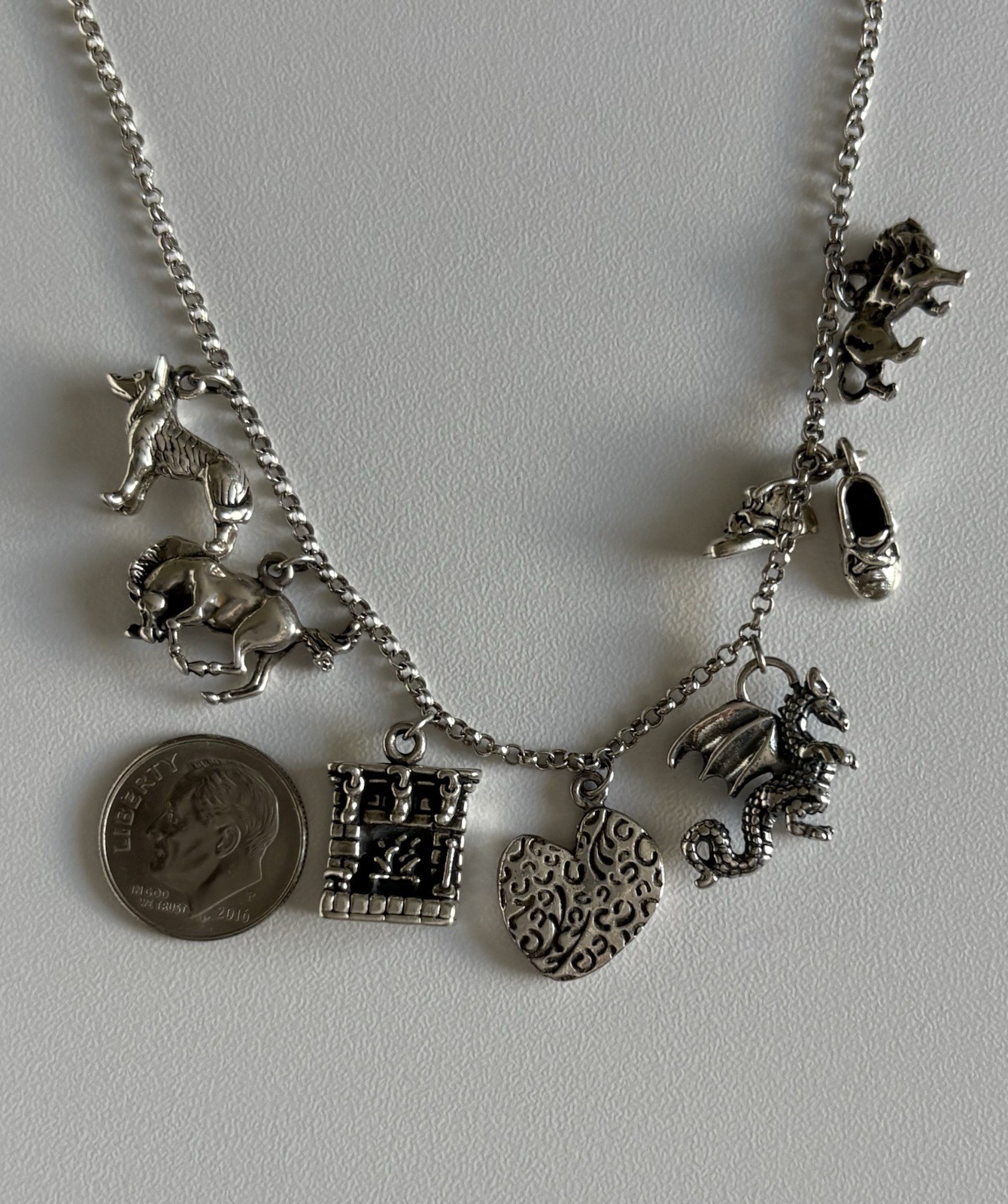 VTG Charm Necklace Sterling Silver 20” Rolo Chain 3D Assorted 7 Wolf Horse Lion