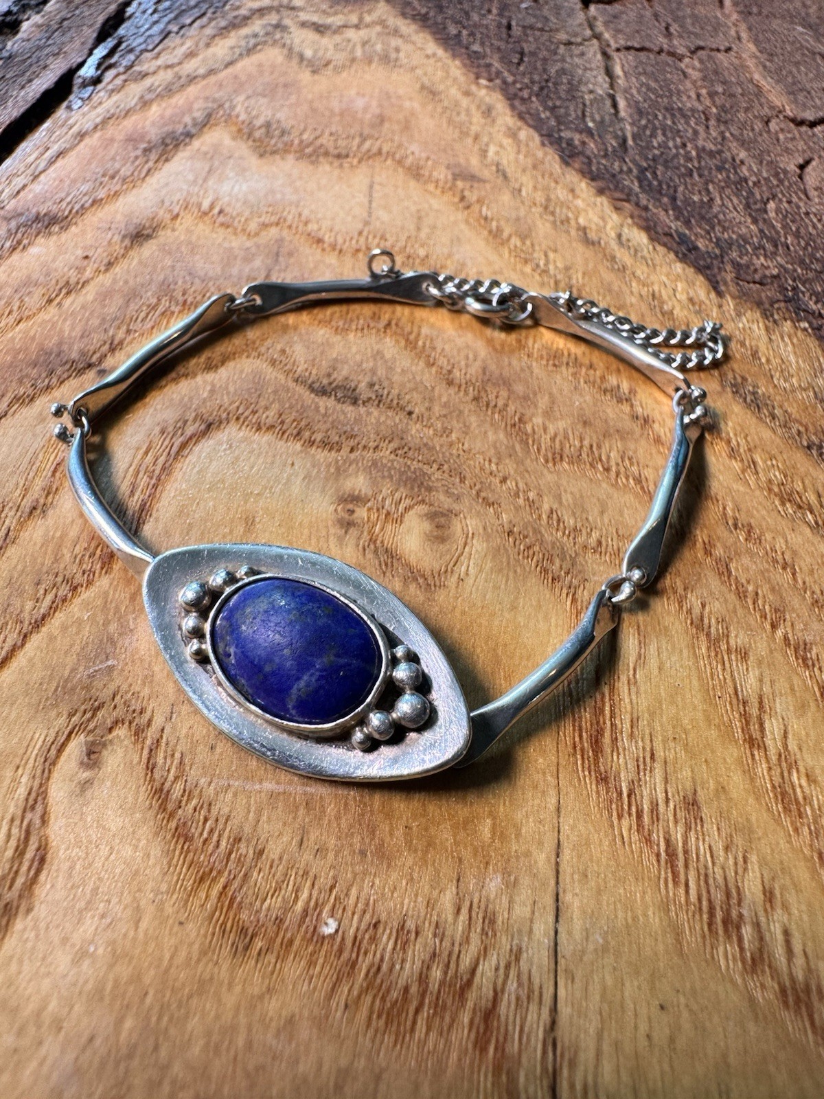 Vintage Sterling Silver Lapis Lazuli Bracelet Modernist Mid Century Safety Chain