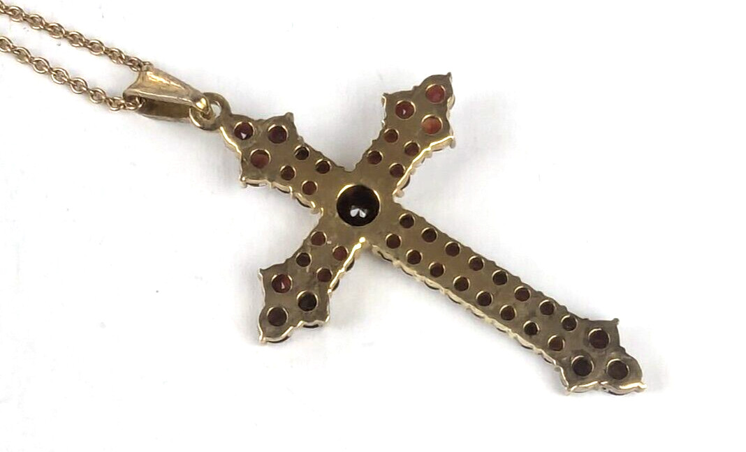 Lg Czech Bohemian Garnet Cross 900 Gilded Silver Pendant on 24″ GF 12K Chain
