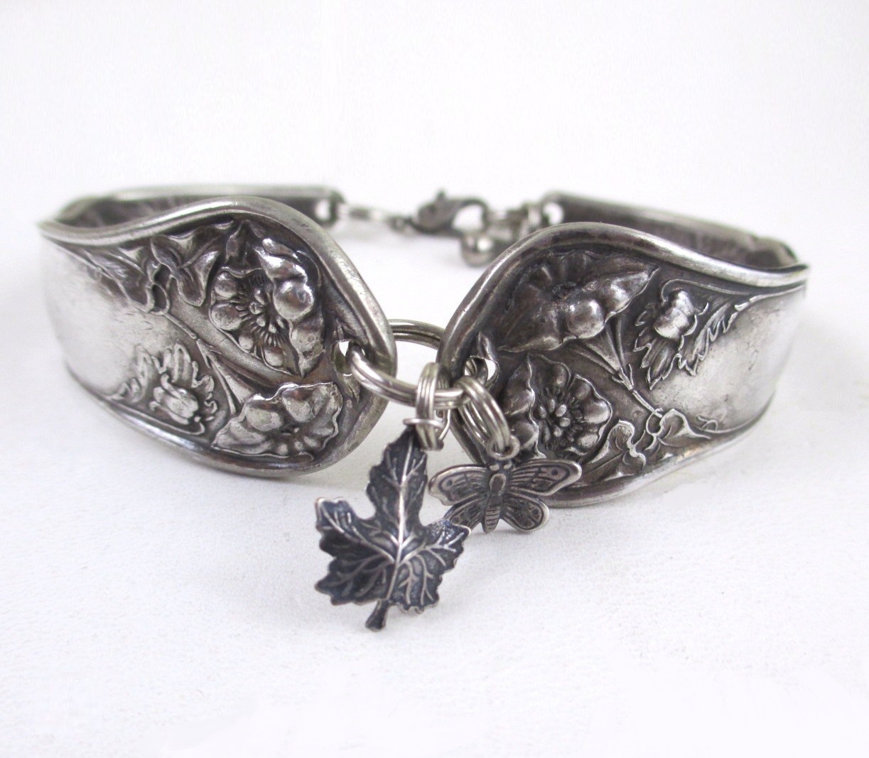 Vintage Oneida Spoon Bracelet Bridal Rose Poppy Flower Butterfly Mapleleaf Charm