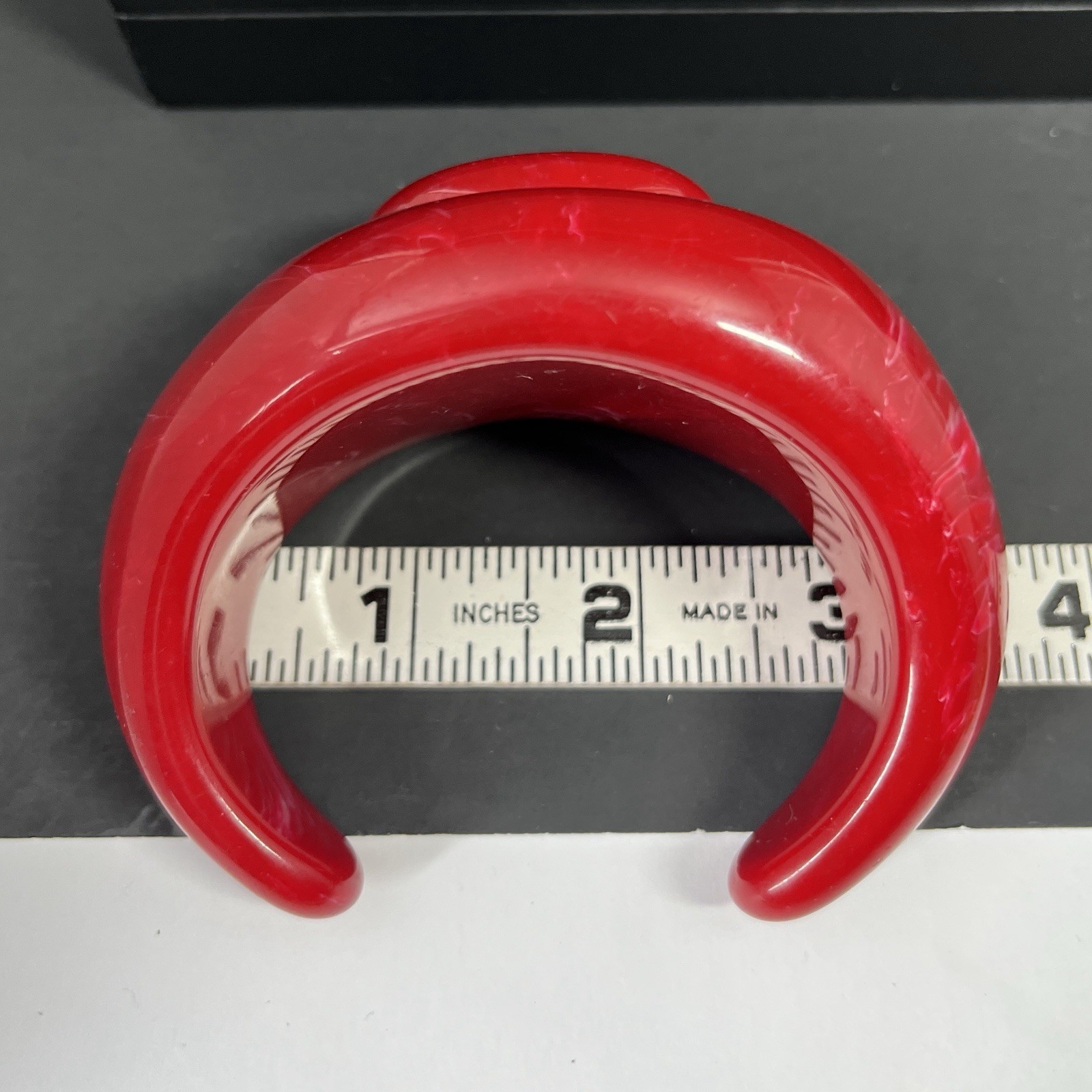Red Lucite Cuff Bracelet Wide Chunky Statement Spiral Nautilus Shell Modernist