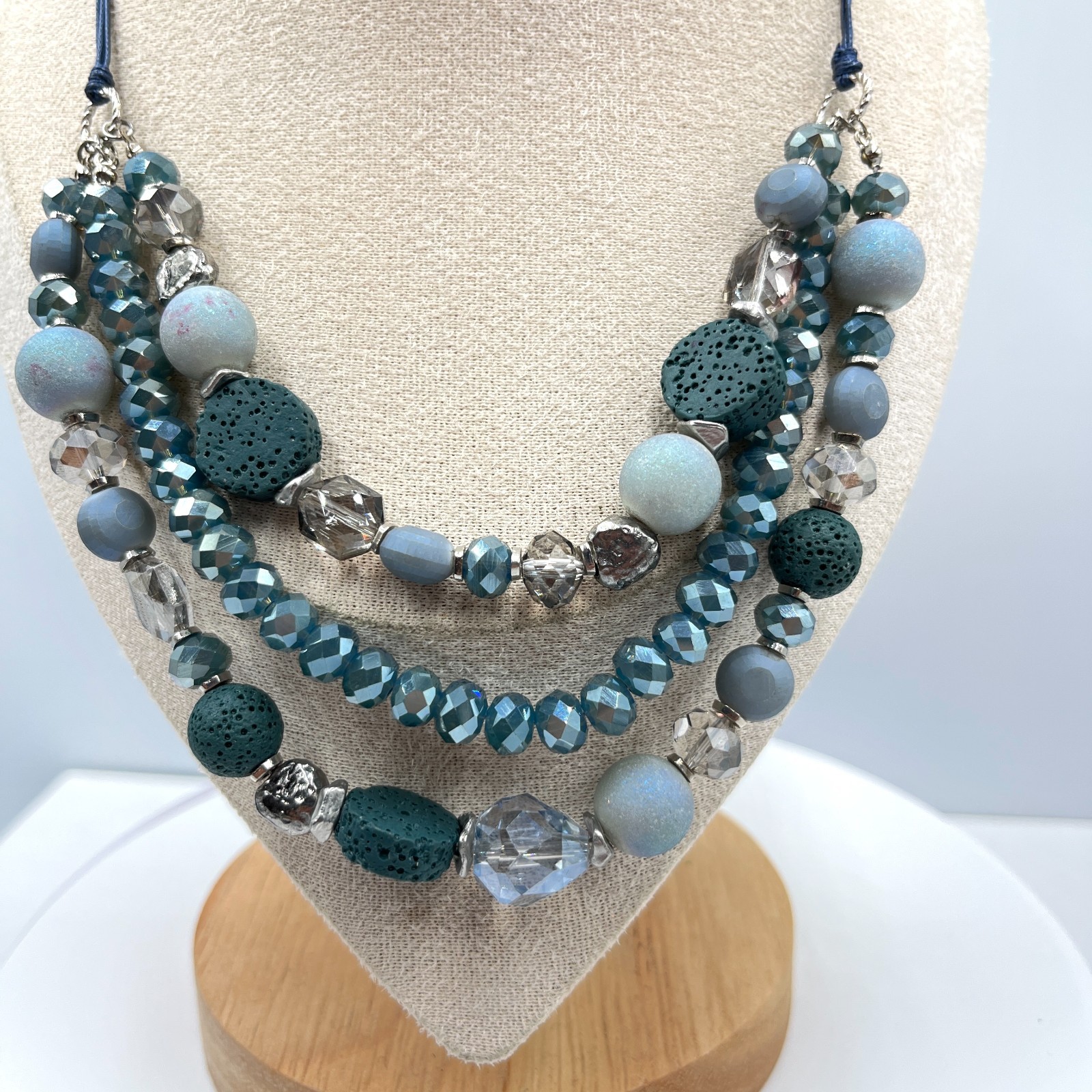 VTG Boho Slate Blue Multi-Strand Statement Necklace Lava Rock Beaded Layered Y2K