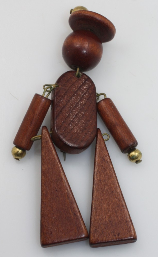 Vintage Wood Wooden Jointed figural man person brass bead Pin Brooch