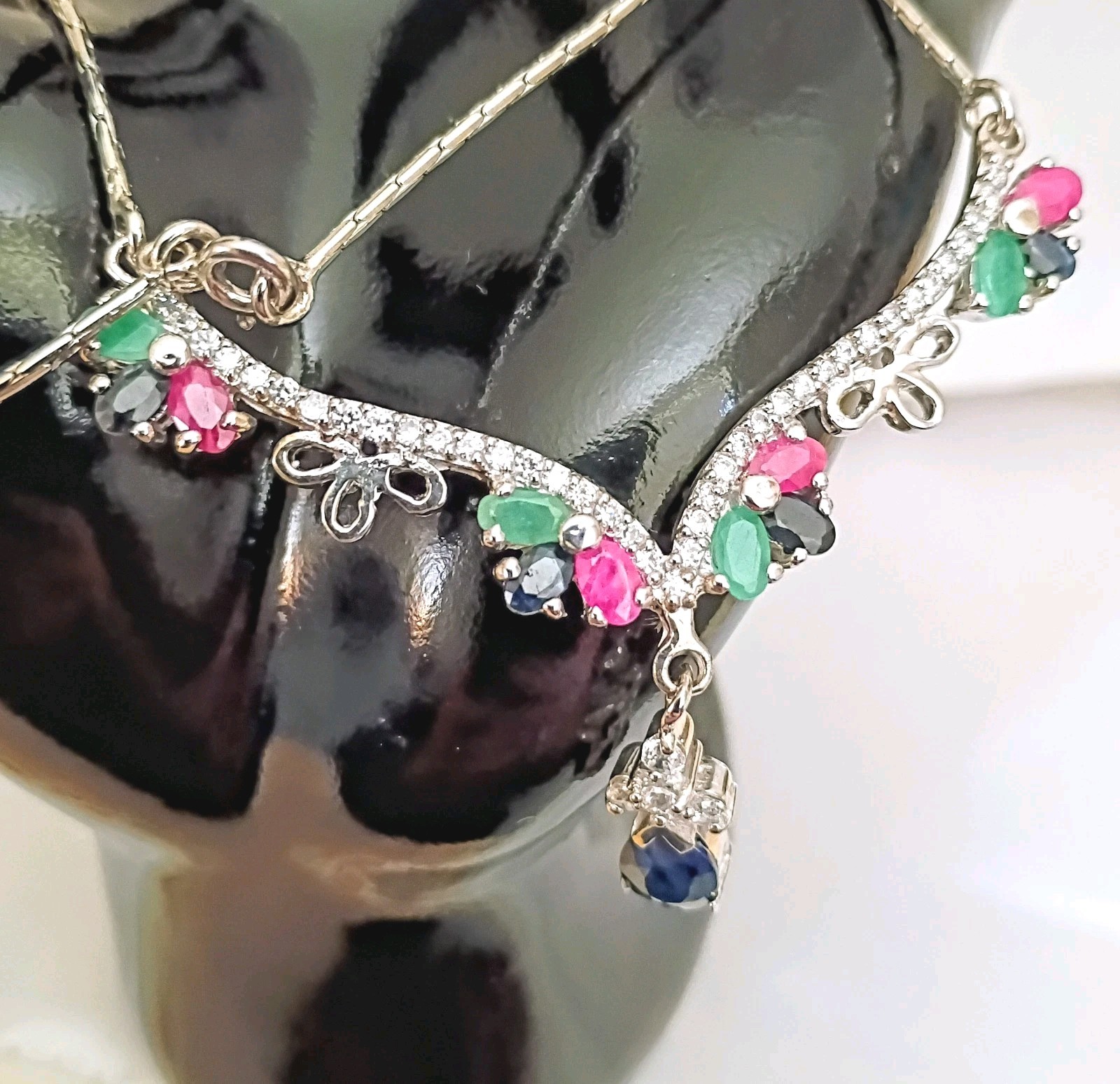 Vintage Silver 925 Sapphire Emerald Ruby Drop CZ Statement Necklace 18″