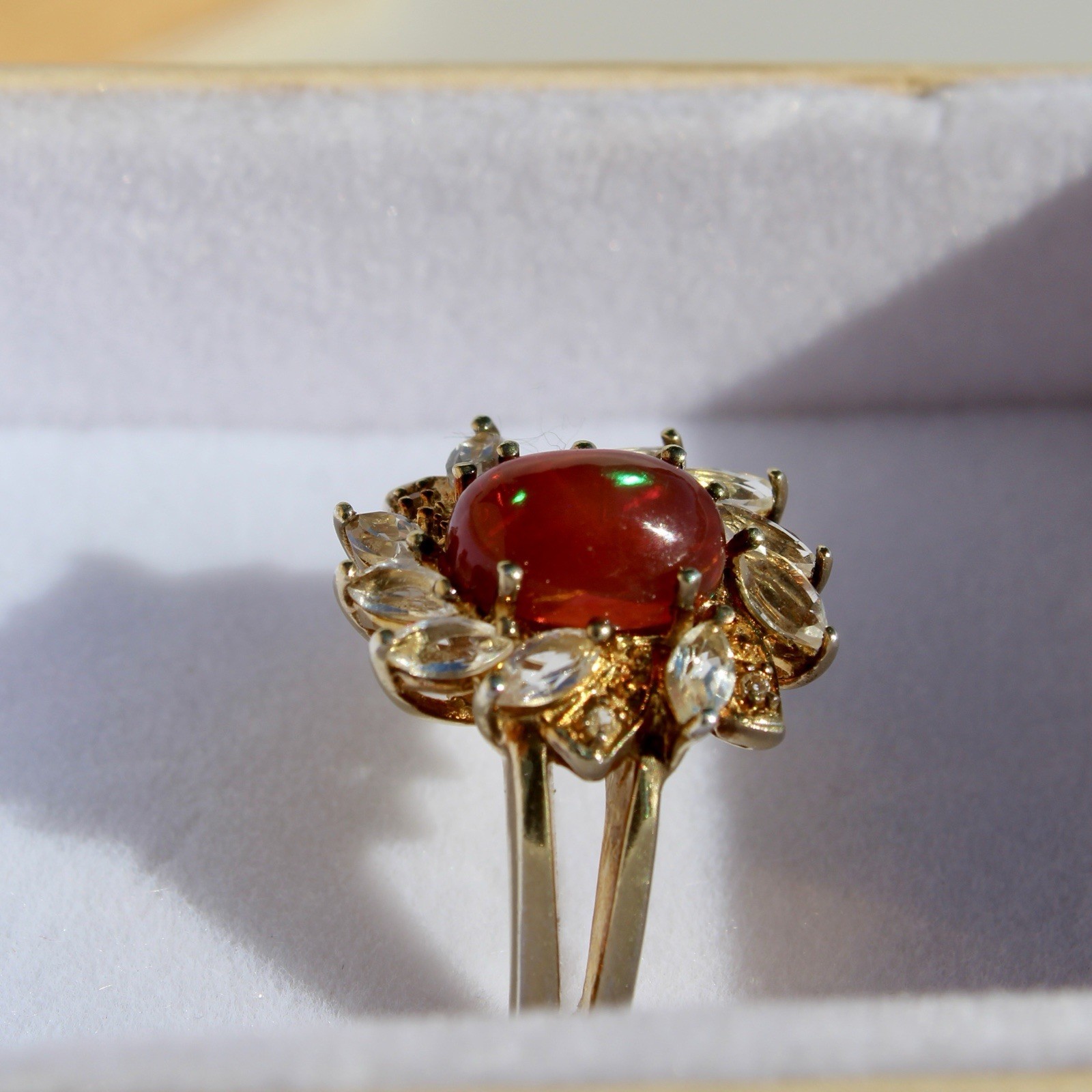 Antique Opalescent Amber Cabochon & Spinel Ring, 2 Carats 9K Gold