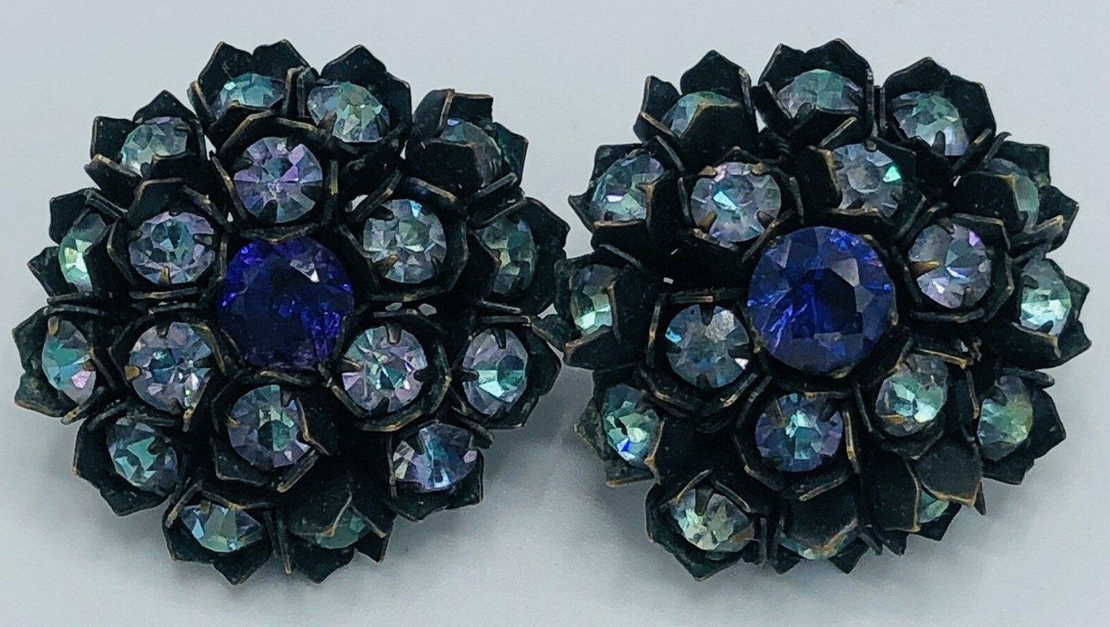 RARE MIRIAM HASKELL Signed Purple and Blue CRYSTAL FLOWER CLIP BACK EARRINGS