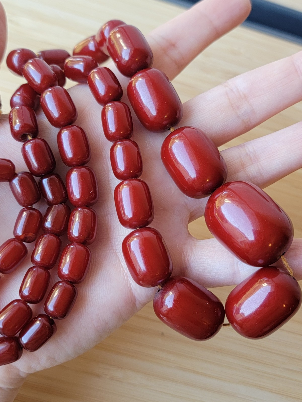 Cherry Amber Bakelite Barrel Prayer Bead Necklace – 76 Grams