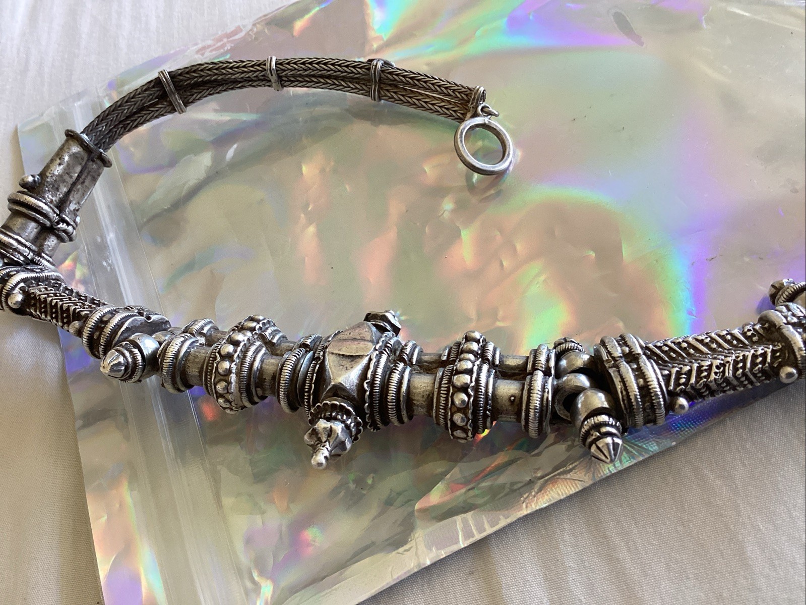 Vintage Heavy Silver Detailed Asian Indian Necklace Toggle Closure 186 Grams