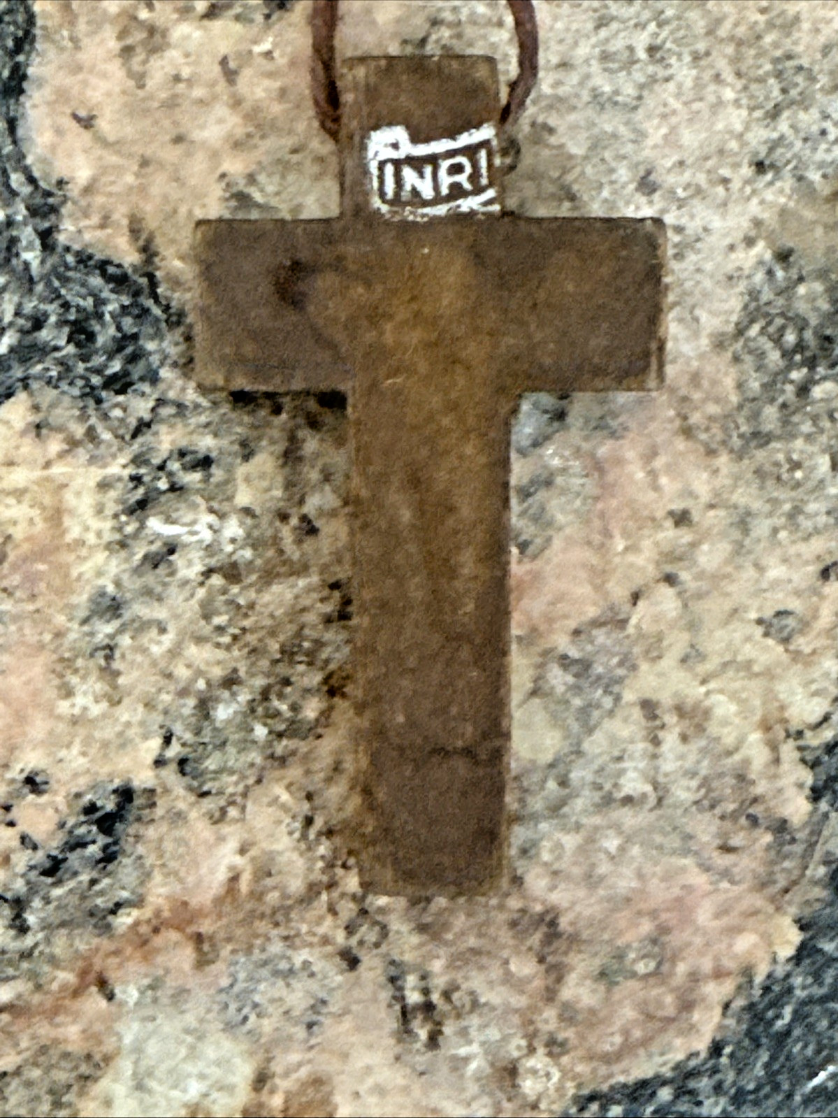 Vintage 80s Cross INRI Necklace Pendant Rosary OLIVE WOOD Hemp Cord COLLECTIBLE