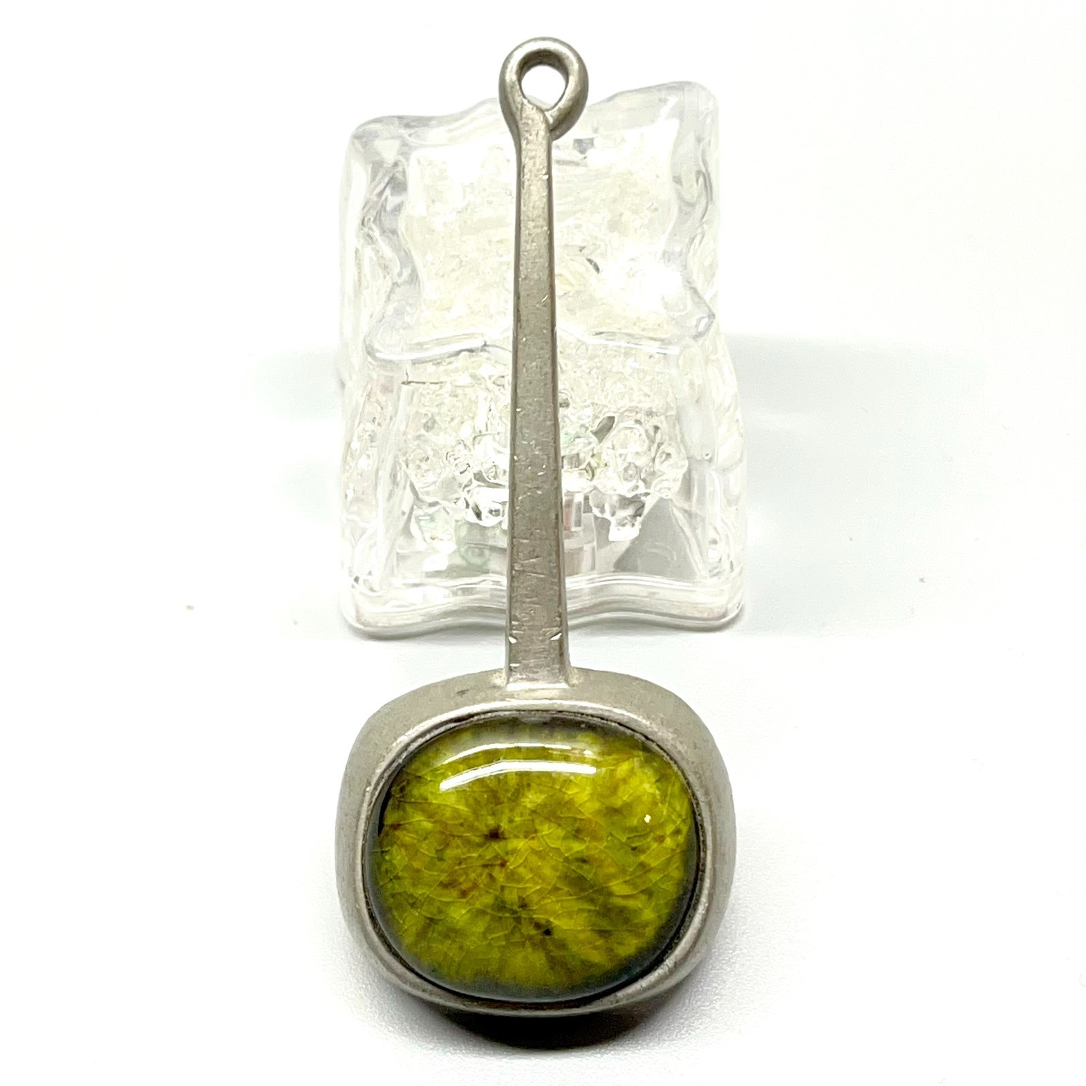 Signed Roland Landerholm Tenn Vintage Modernist MCM Pewter Green Ceramic Pendant