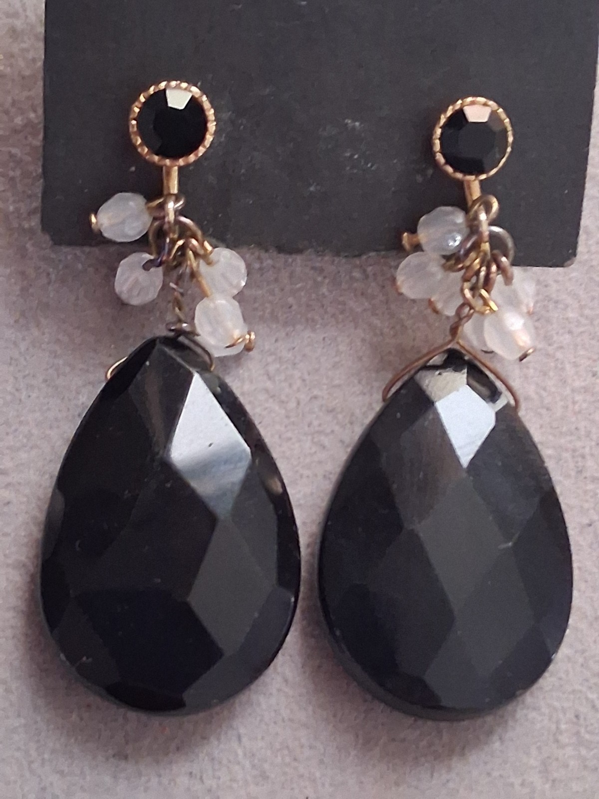 Faceted black glass teardrop stone adjustable clip on earrings w/dangle accents
