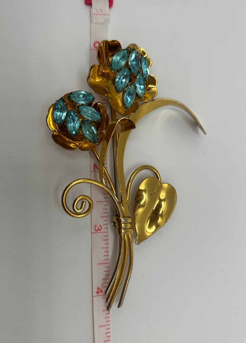 Huge Vintage Gold Tone Coro Brooch Aqua Blue Marked Sterling 1940’s