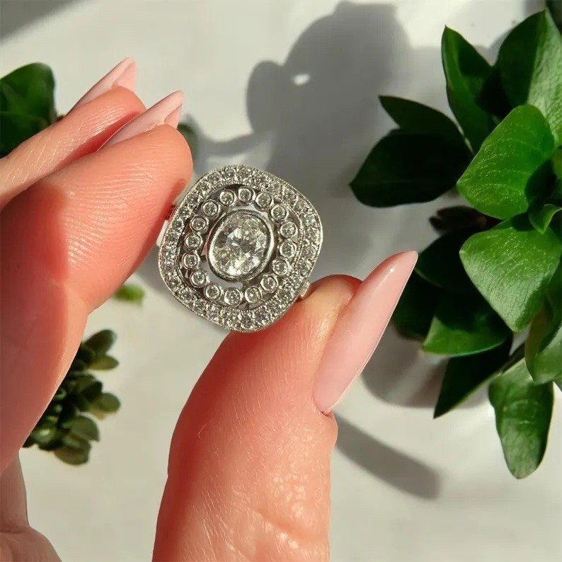 Vintage Double Halo Engagement Ring in Solid 935 Argentium Silver & CZ Stone