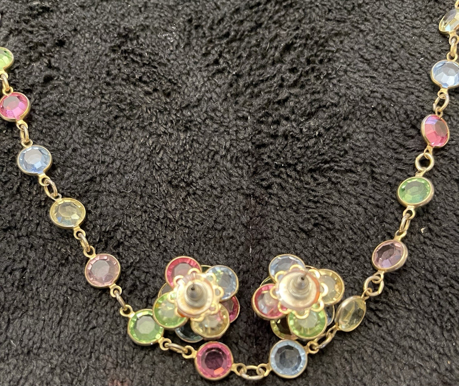 Austrian Crystal USA 36” Necklace, Earrings Open Bezel Multi-Color Gold Tone Vtg