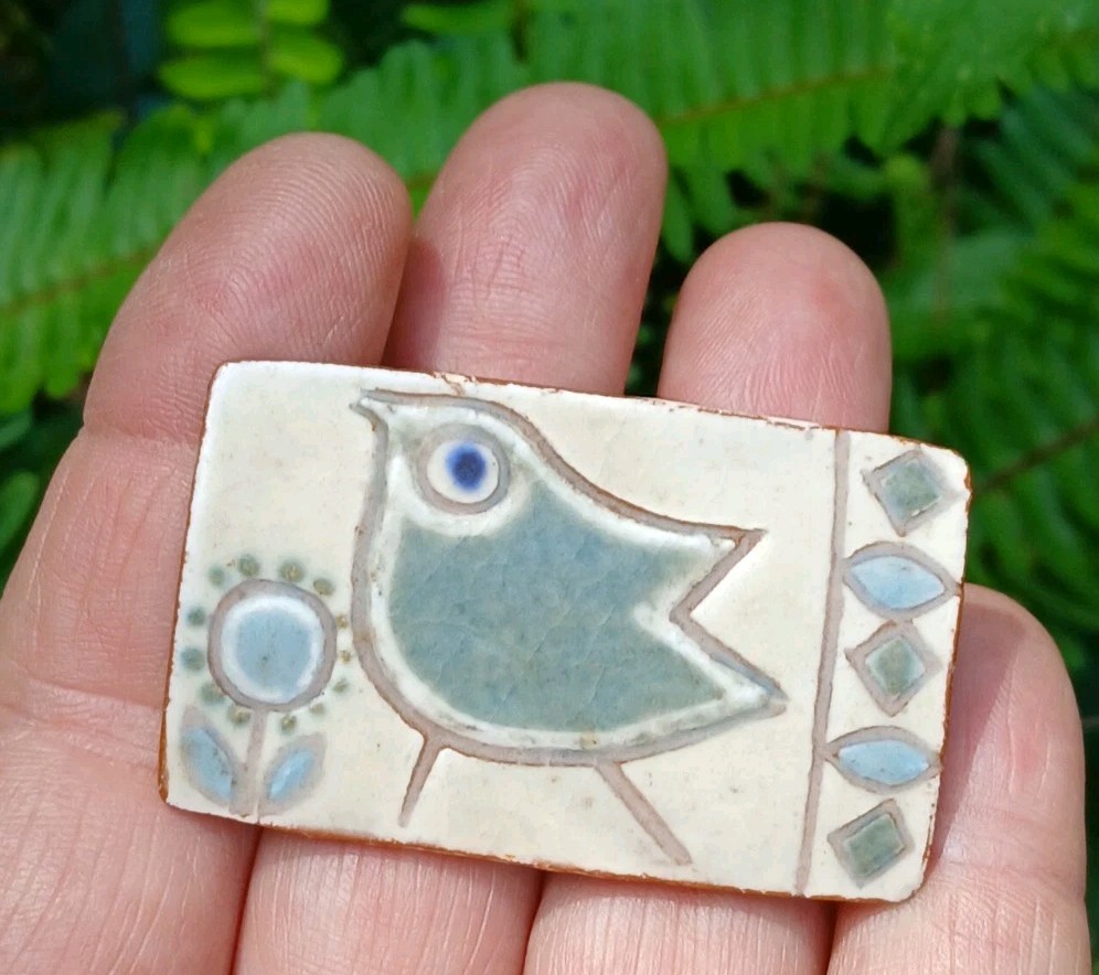Vintage Studio Ceramic Art Brooch Pin Blue White Bird In Flower Garden Denmark