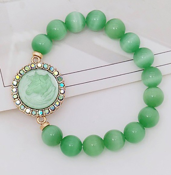 Kirks Folly Cameo Unicorn Green Cat’s Eye Stone Stretch Beaded Bracelet