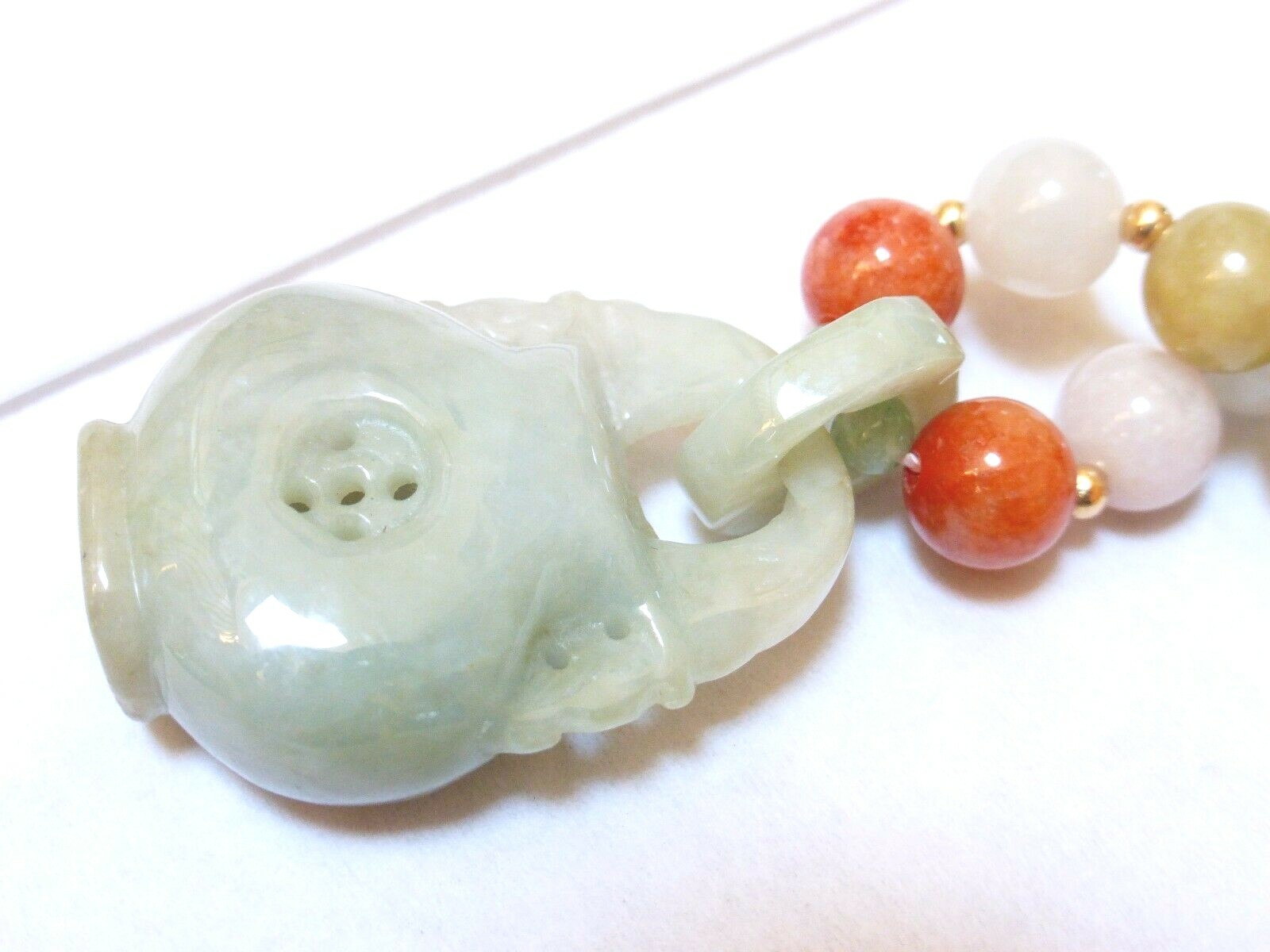 Vintage Chinese 14K GOLD Multi-Color Jade 9mm Beads Necklace Pendant, 22″