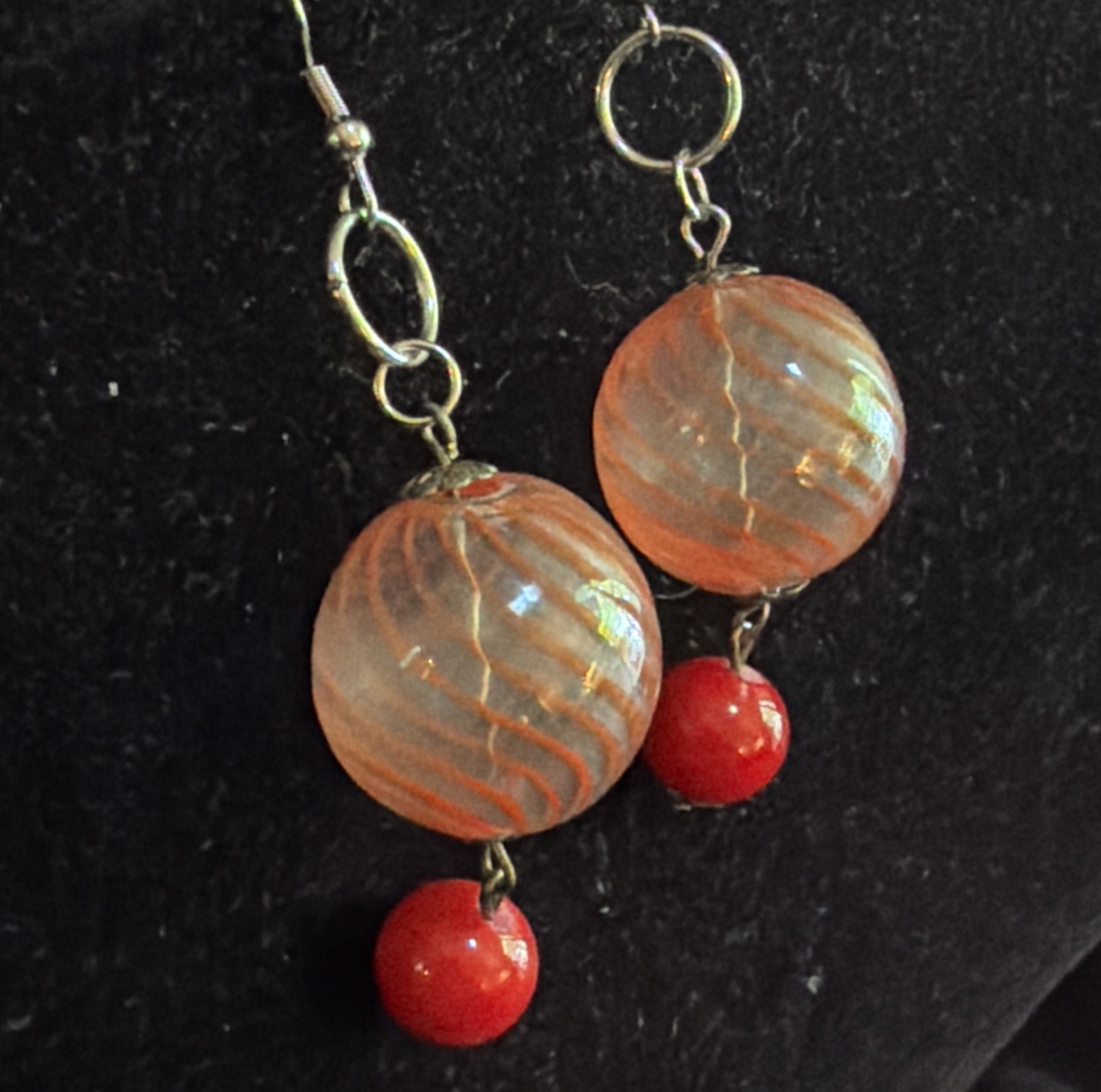 Vintage Orange Striped Blown Glass With Red Glass Drop Accent Earrings Pierced
