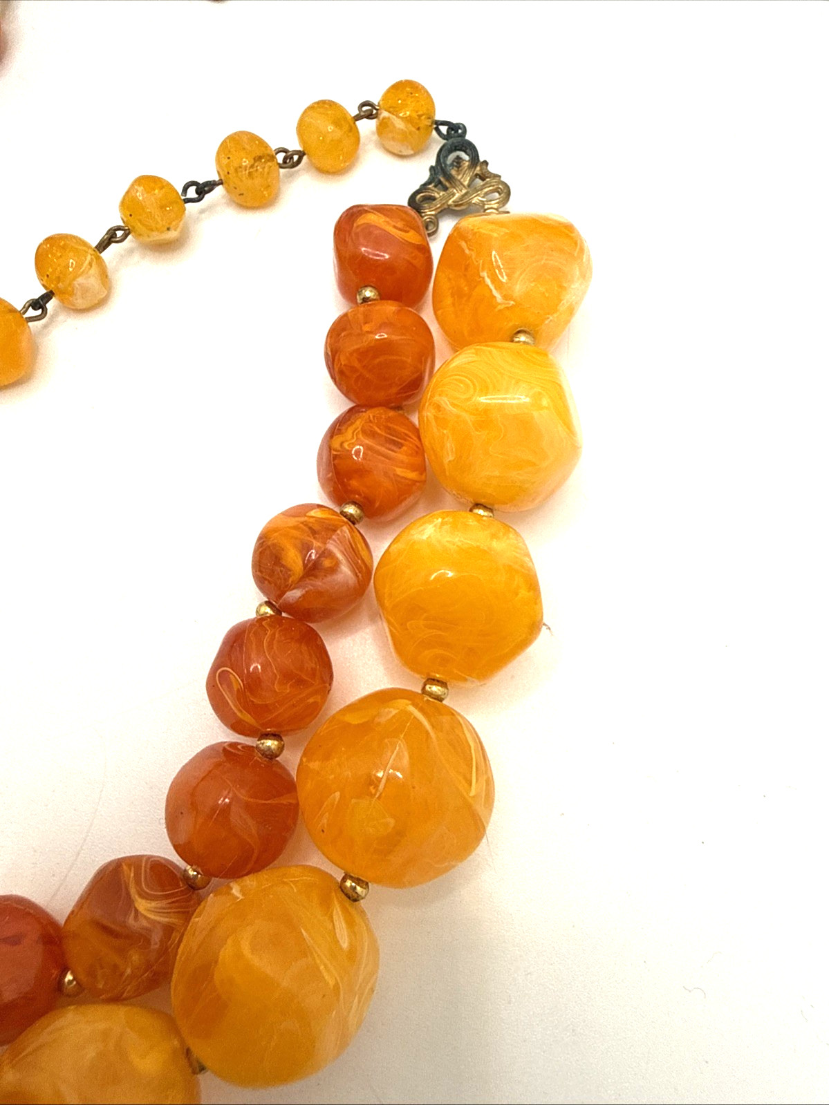 Vintage Double Strand Beaded Choker Necklace Orange Lucite Swirl Mid Century 18″