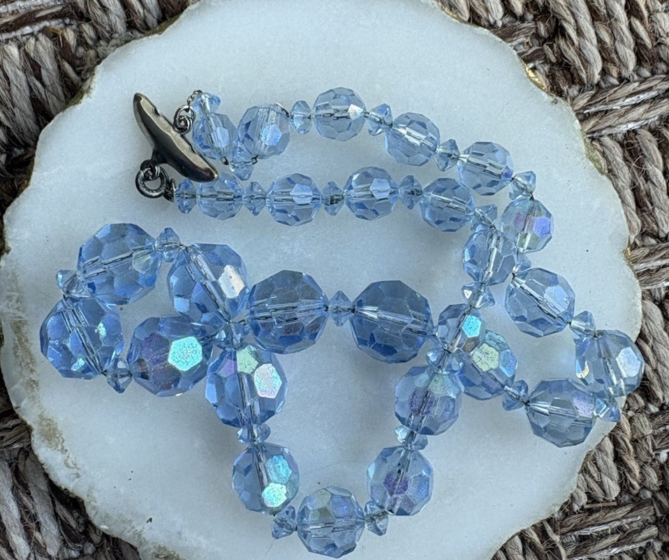 Vintage Czech beaded 14” necklace Graduated Lt blue faceted glass crystal beads