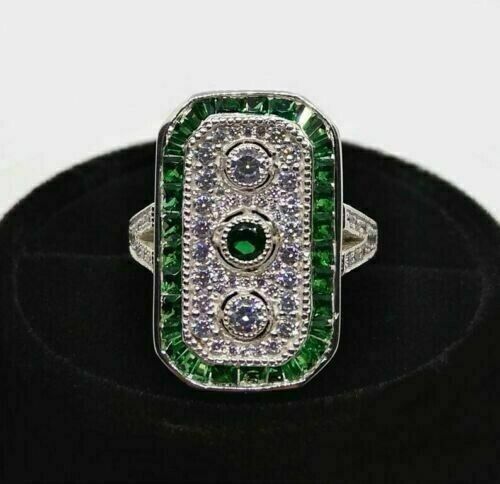 1/2 CTW Green Round Cut Simulated Diamond Art Deco Antique Style Ring 925 Silver